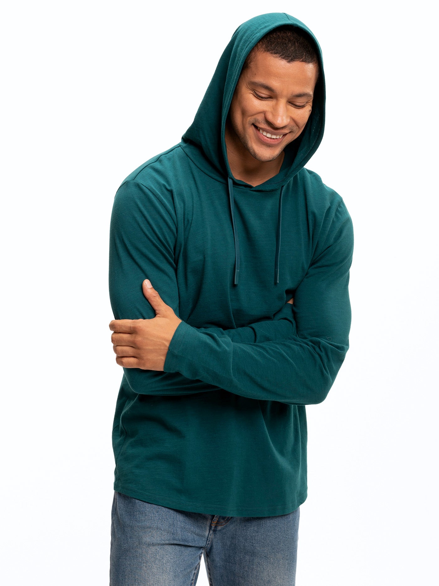 Men's Slub Jersey Pullover Hoodie in Dark Green and Teal