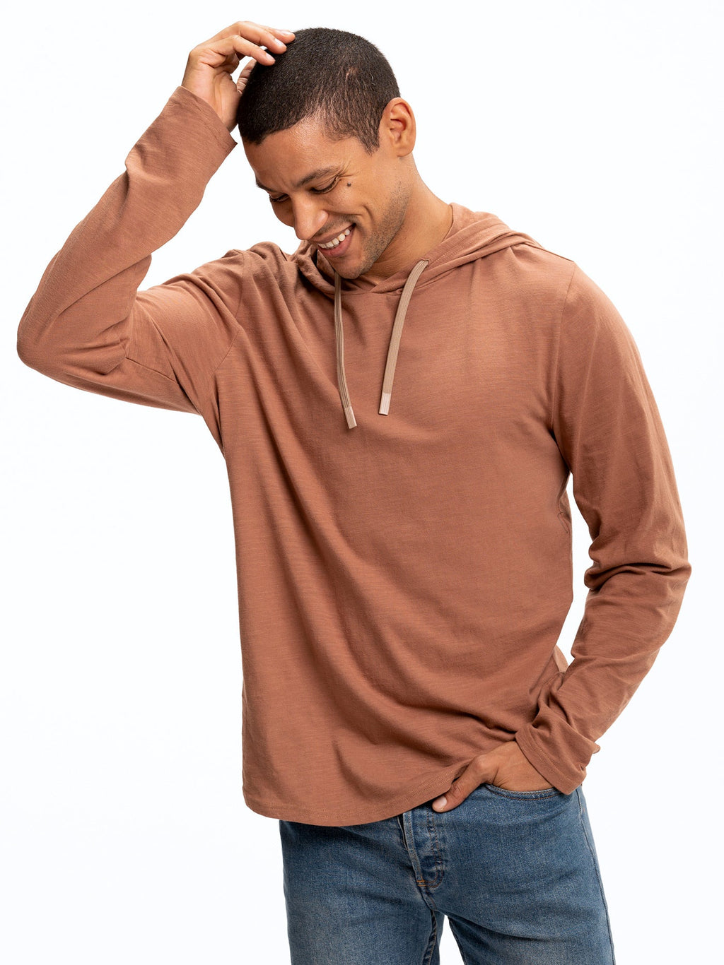 A tailored-fit slub jersey hoodie in a solid rust color.