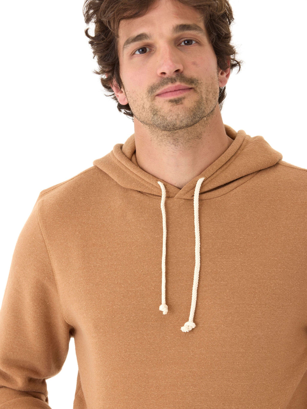 Men's Core Triblend Fleece Pullover Hoodie in Camel and Off-White