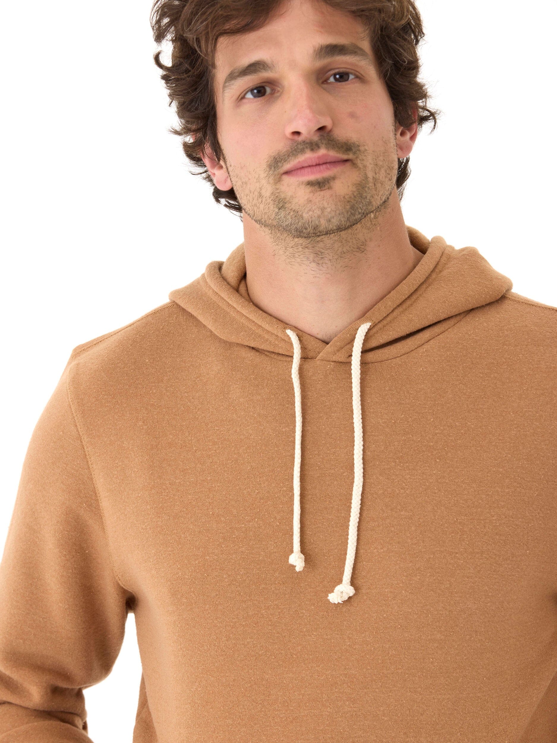 Men's Core Triblend Fleece Pullover Hoodie in Camel and Off-White