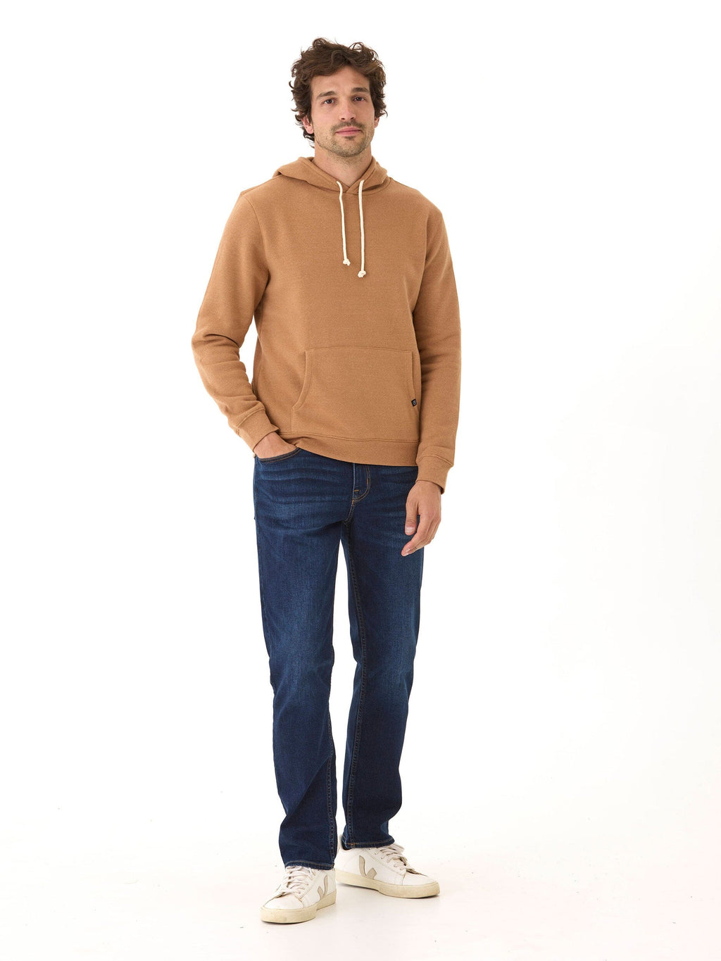 Men's Core Triblend Fleece Pullover Hoodie in Camel and Off-White
