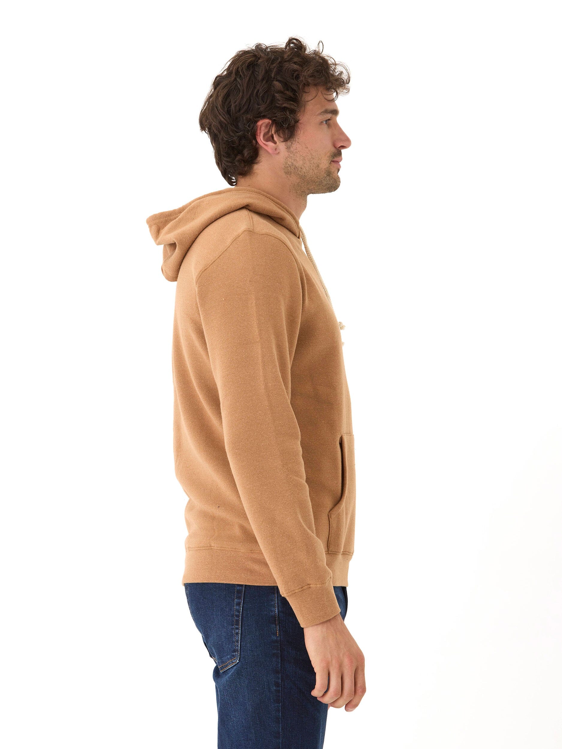 Men's Core Triblend Fleece Pullover Hoodie in Camel and Off-White