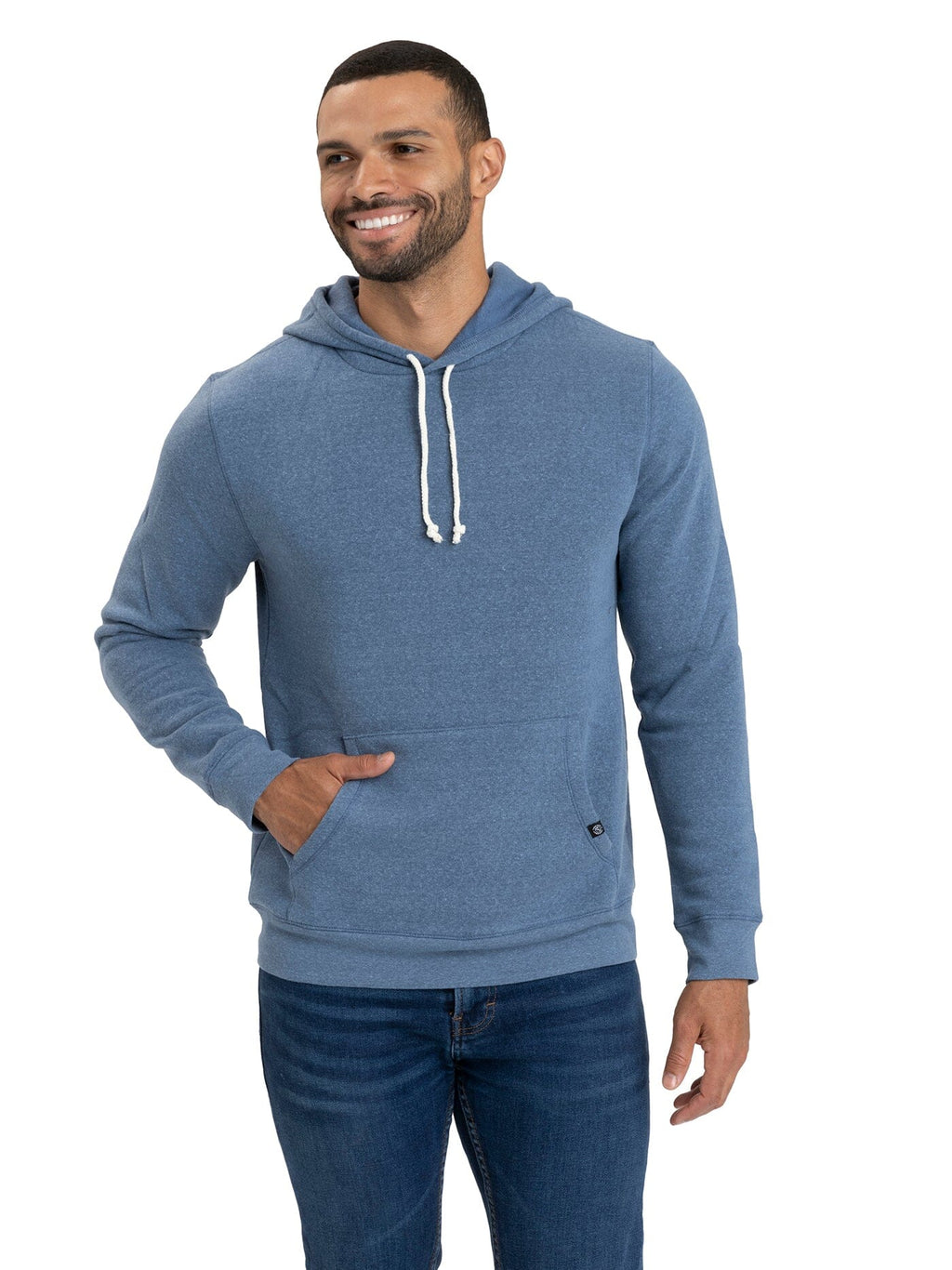 Men wearing a solid blue triblend fleece pullover hoodie with front kangaroo pocket