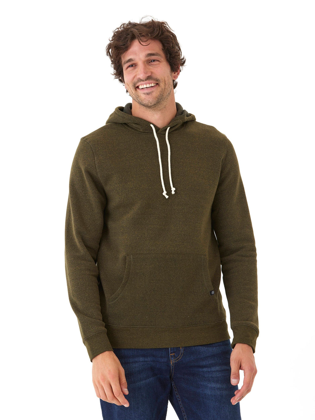 Men wearing a soft triblend fleece pullover hoodie with an adjustable drawstring hood and kangaroo pocket