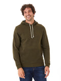 Men wearing a soft triblend fleece pullover hoodie with an adjustable drawstring hood and kangaroo pocket