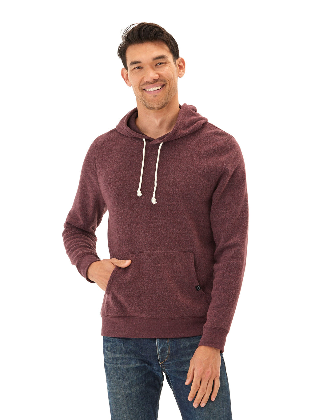 Men's Core Triblend Fleece Pullover Hoodie in solid maroon and burgundy colorways.