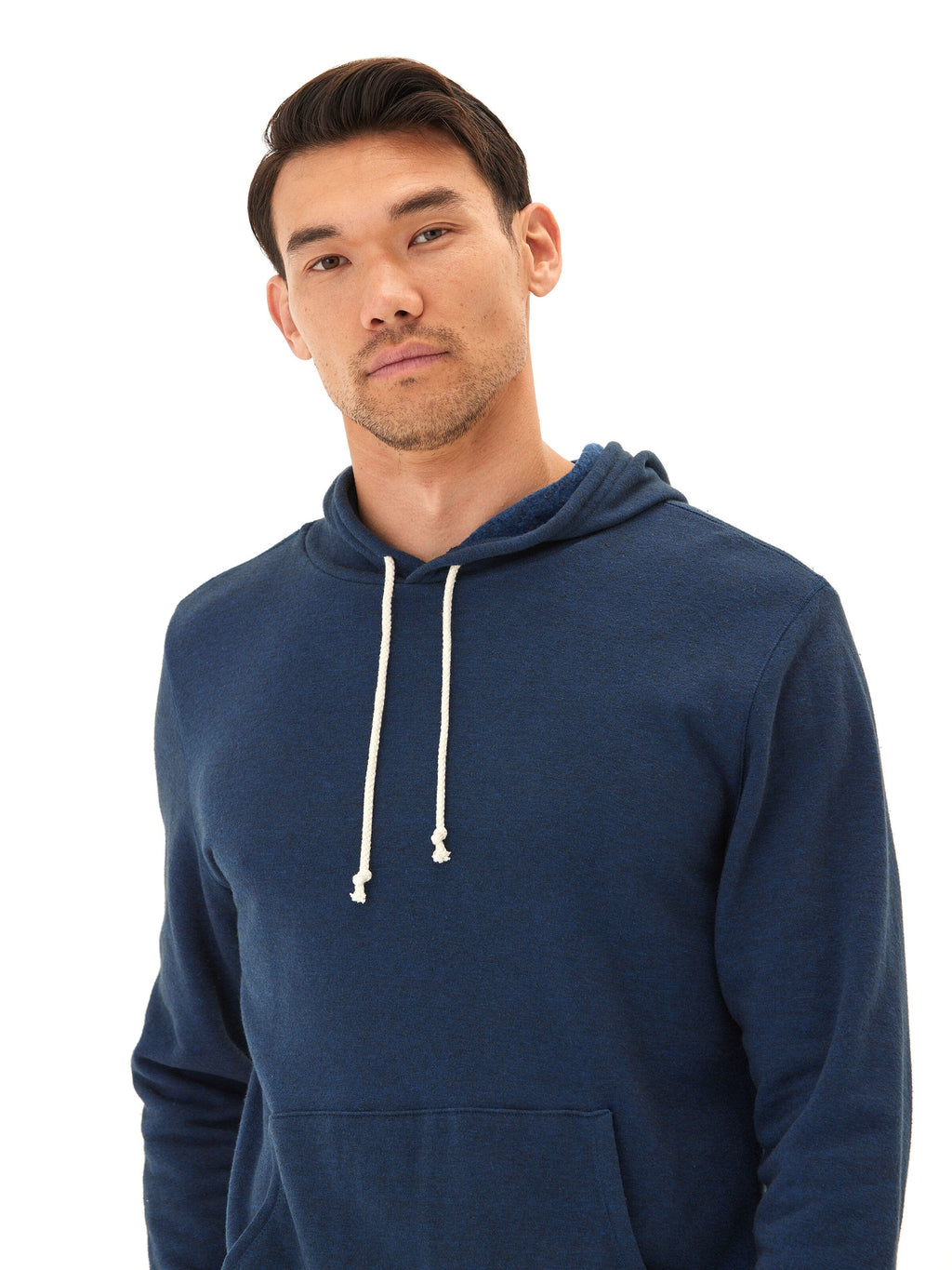 Men's Core Triblend Fleece Pullover Hoodie in navy blue with kangaroo pocket.