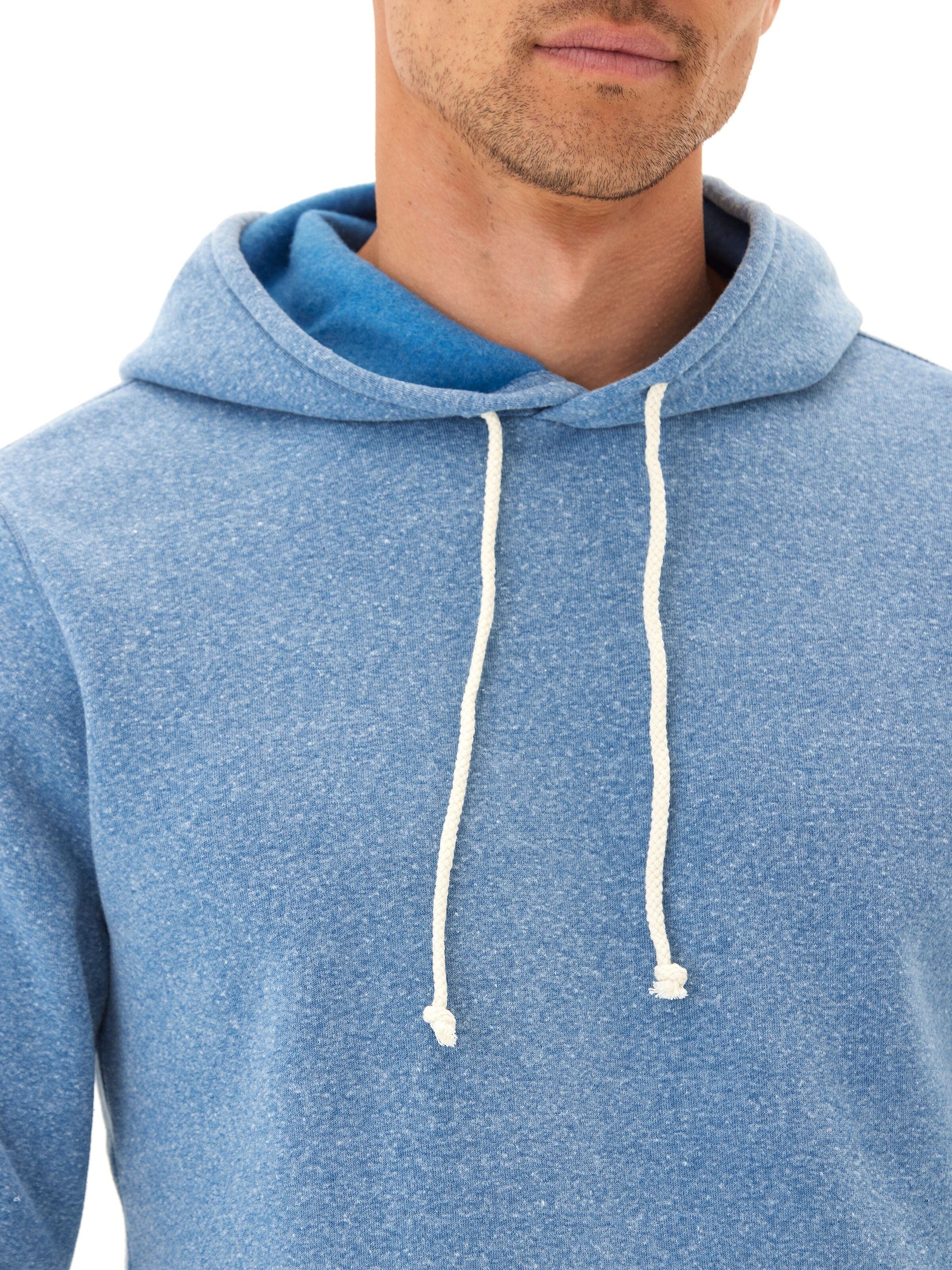 Men's blue and white solid color triblend fleece pullover hoodie with kangaroo pocket