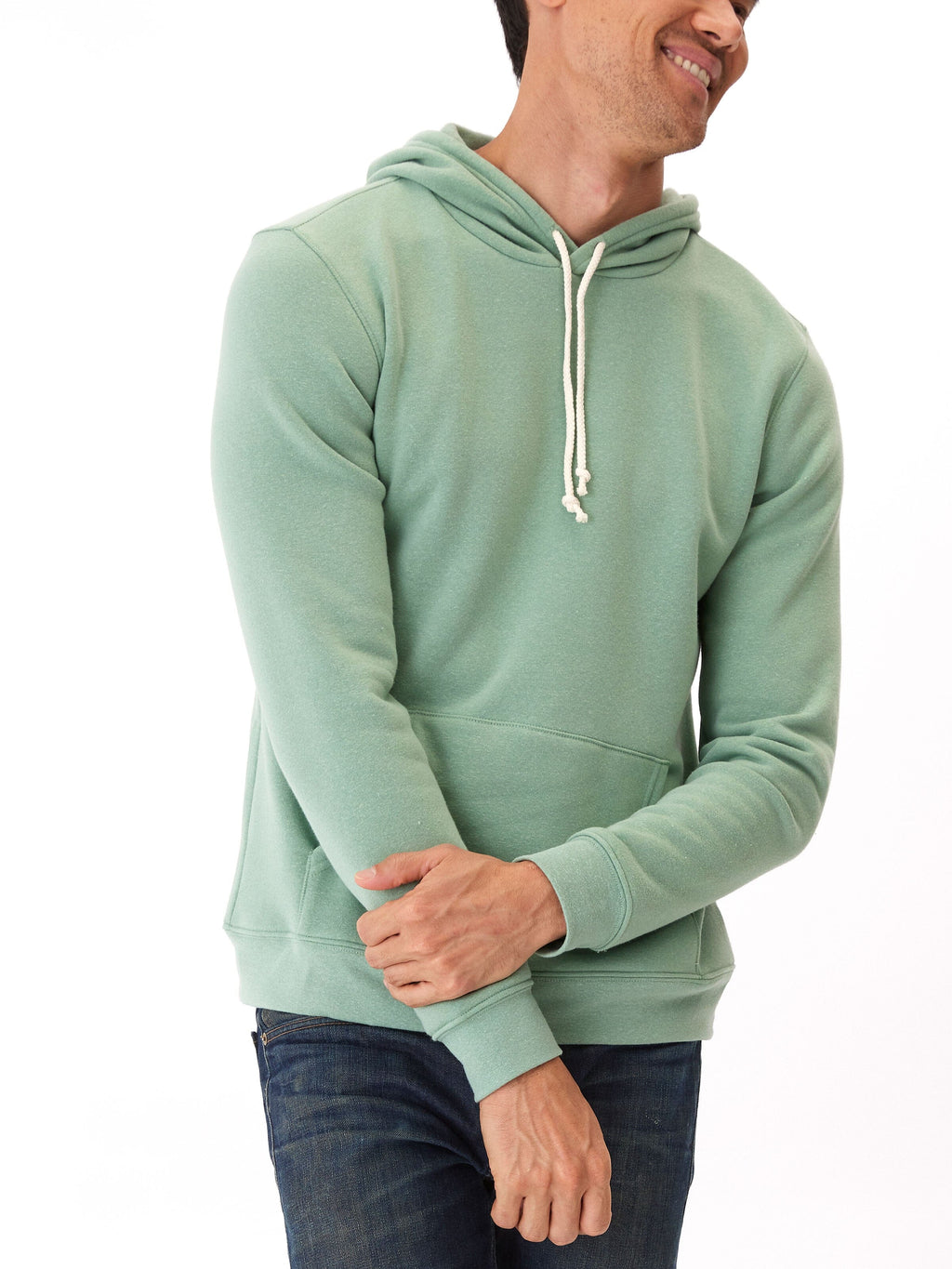 Men's sage green triblend fleece pullover hoodie with a classic kangaroo pocket