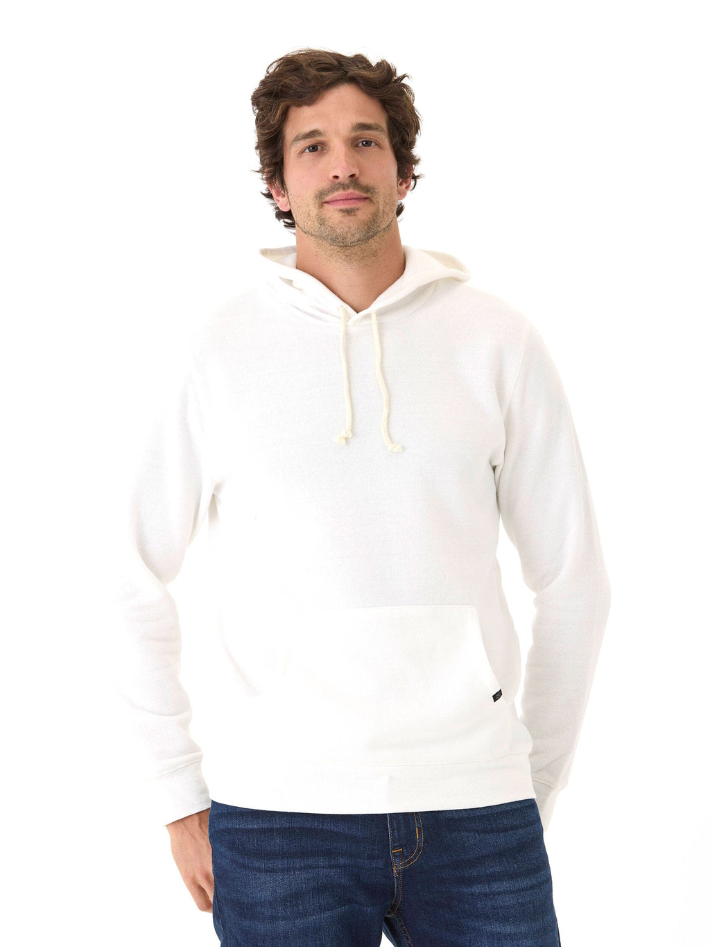 A minimalist Men's Core Triblend Fleece Pullover Hoodie in white with a front kangaroo pocket.