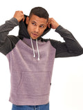 Men's purple and charcoal grey colorblock raglan triblend hoodie.