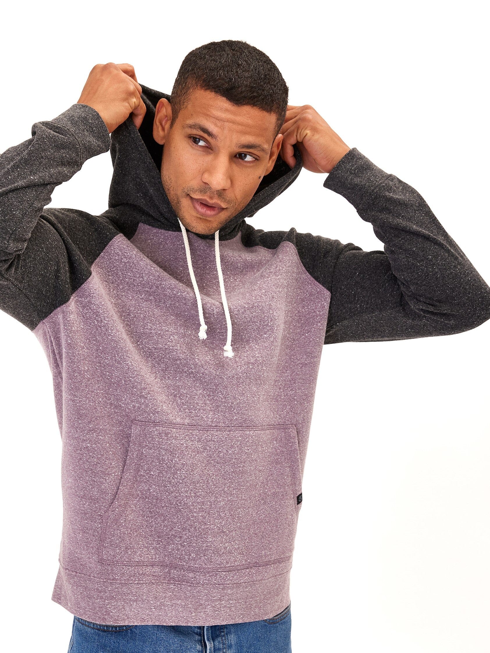 Men's purple and charcoal grey colorblock raglan triblend hoodie.