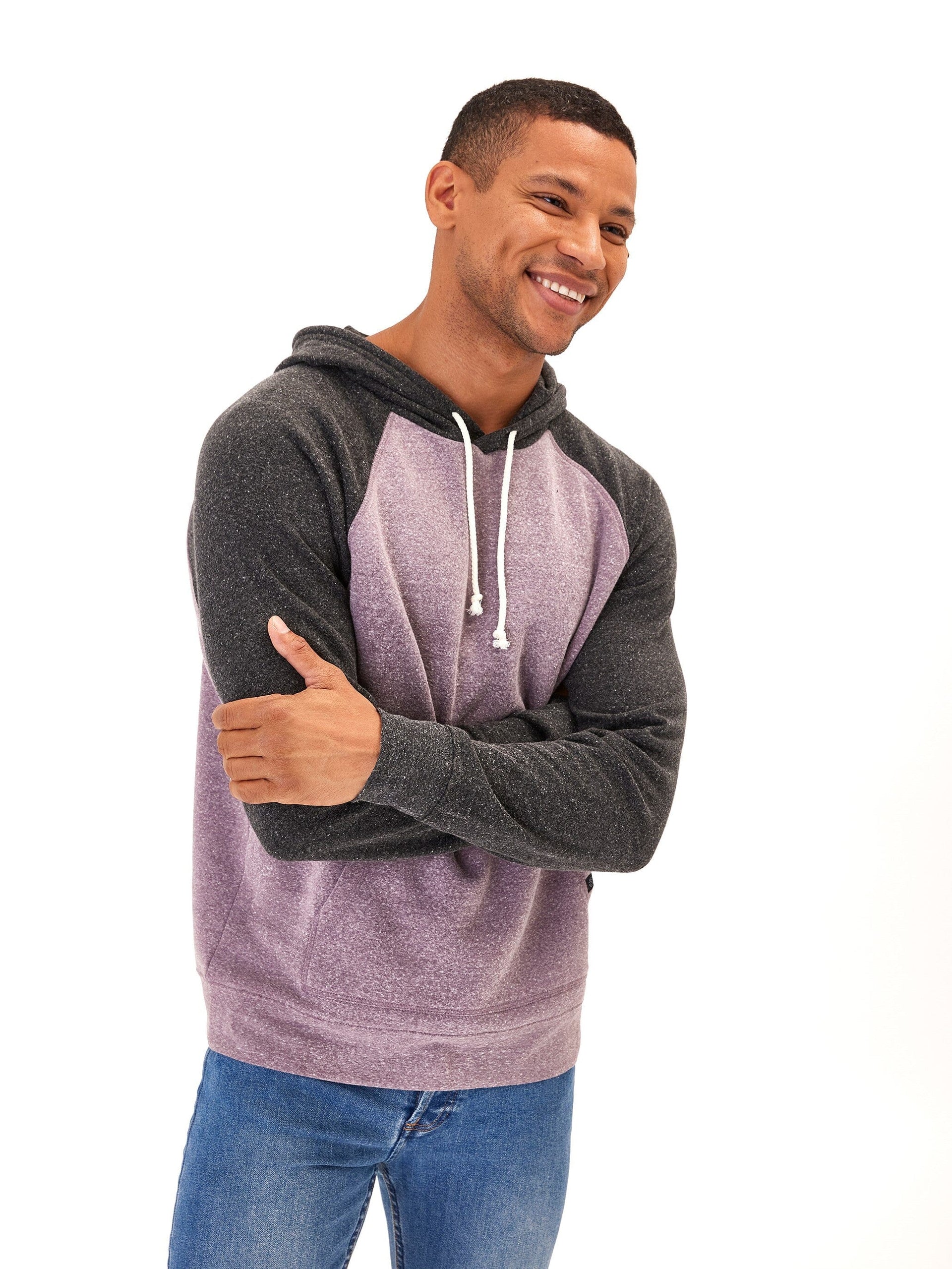 Colorblock Raglan Triblend Hoodie for Men in Purple and Grey