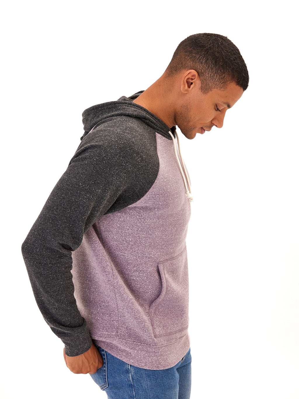 Colorblock Raglan Triblend Hoodie for Men in Purple and Grey