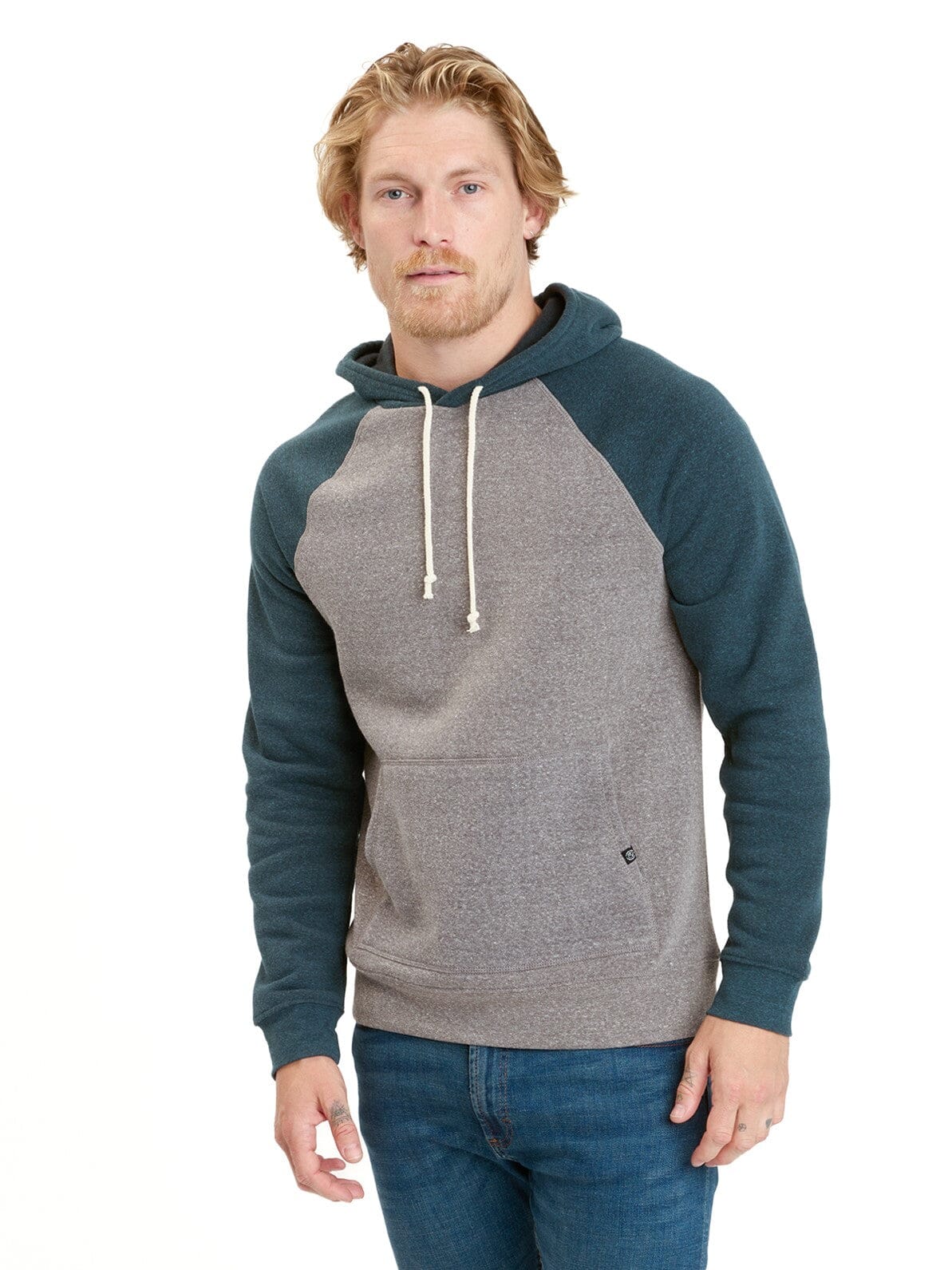 Men's colorblock raglan pullover hoodie in grey and teal triblend fabric.