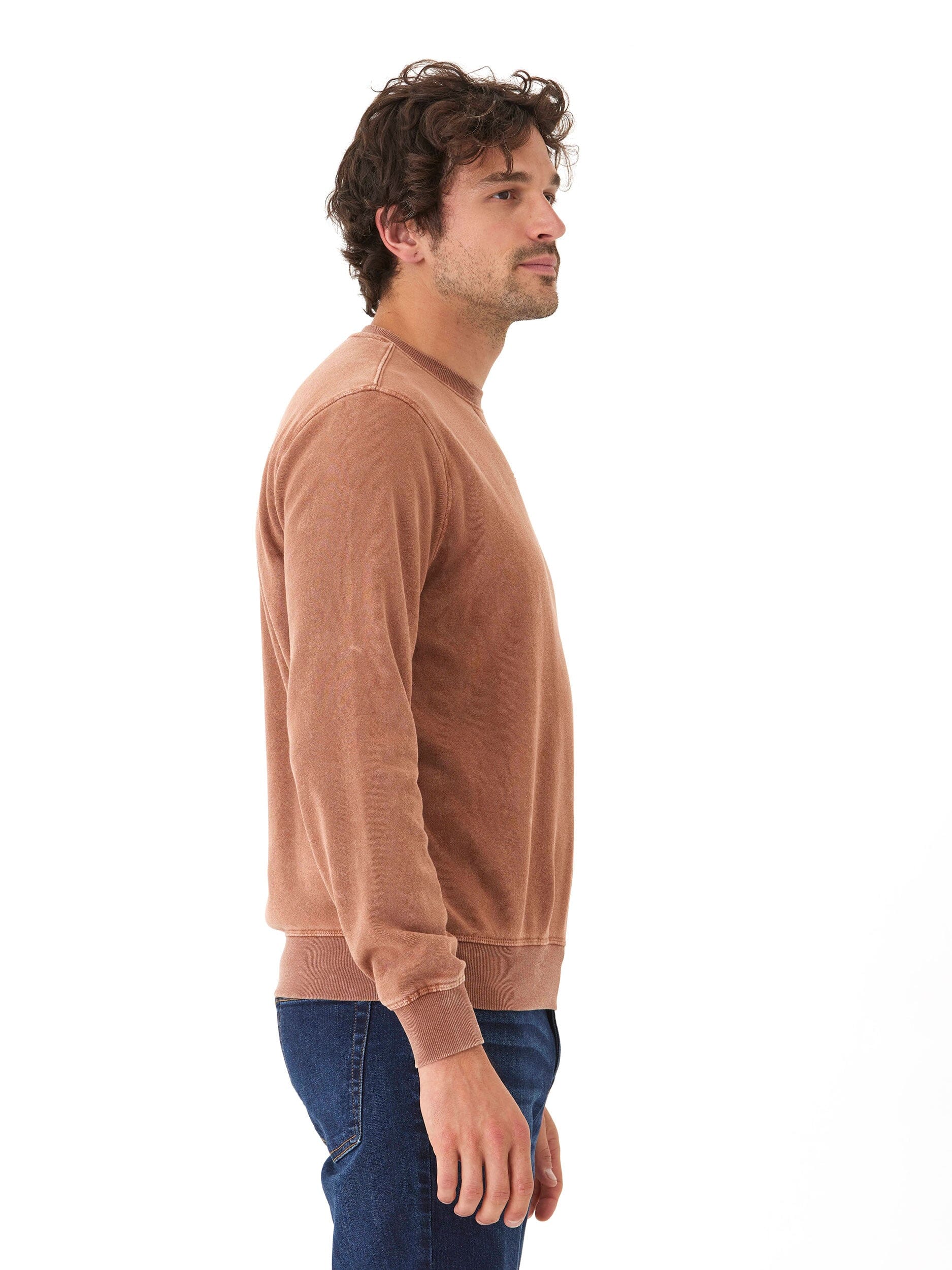 Mineral Wash Fleece Crew Neck Pullover in Brown and Copper