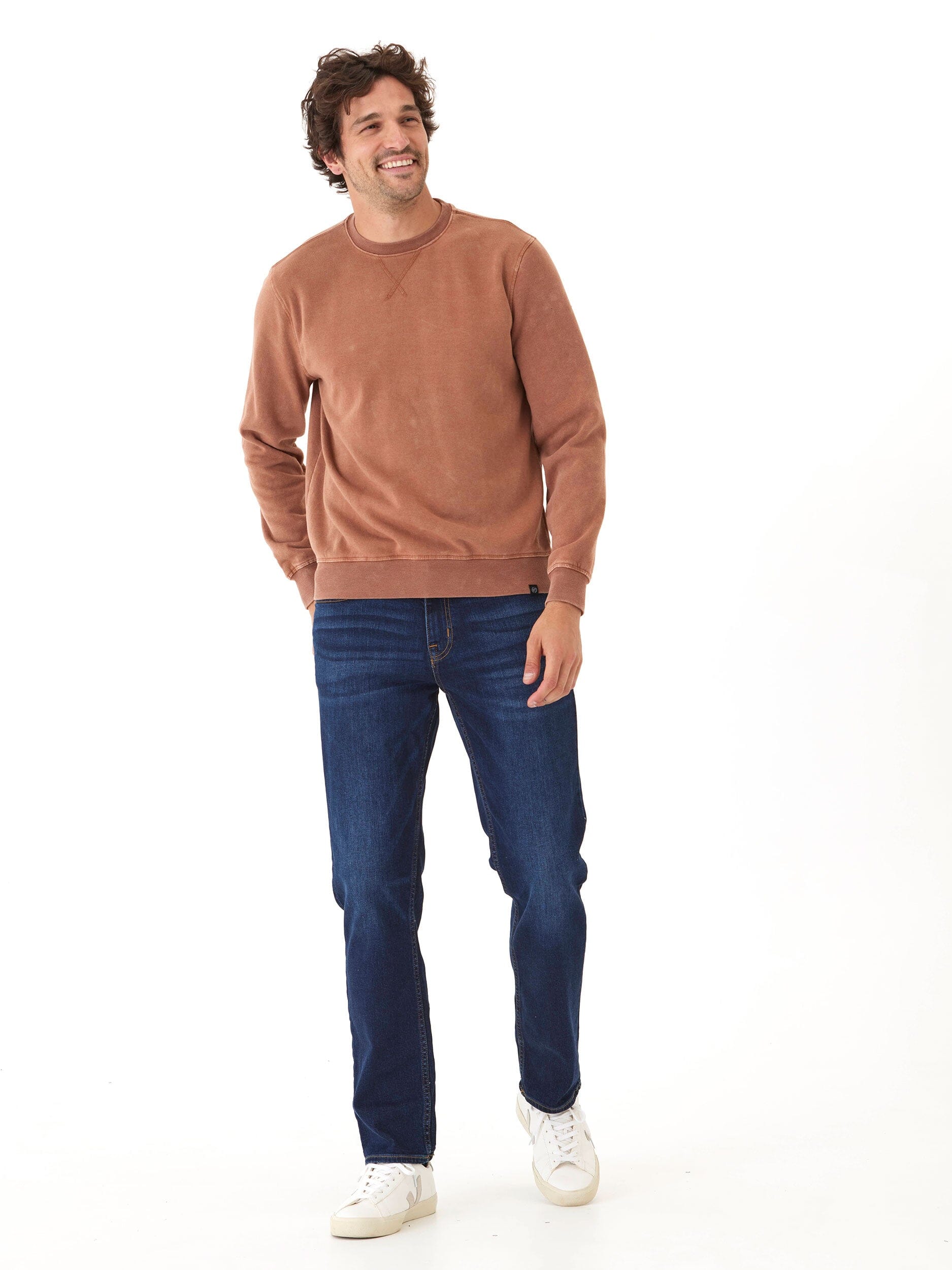 Mineral Wash Fleece Crew Neck Pullover in Brown and Copper