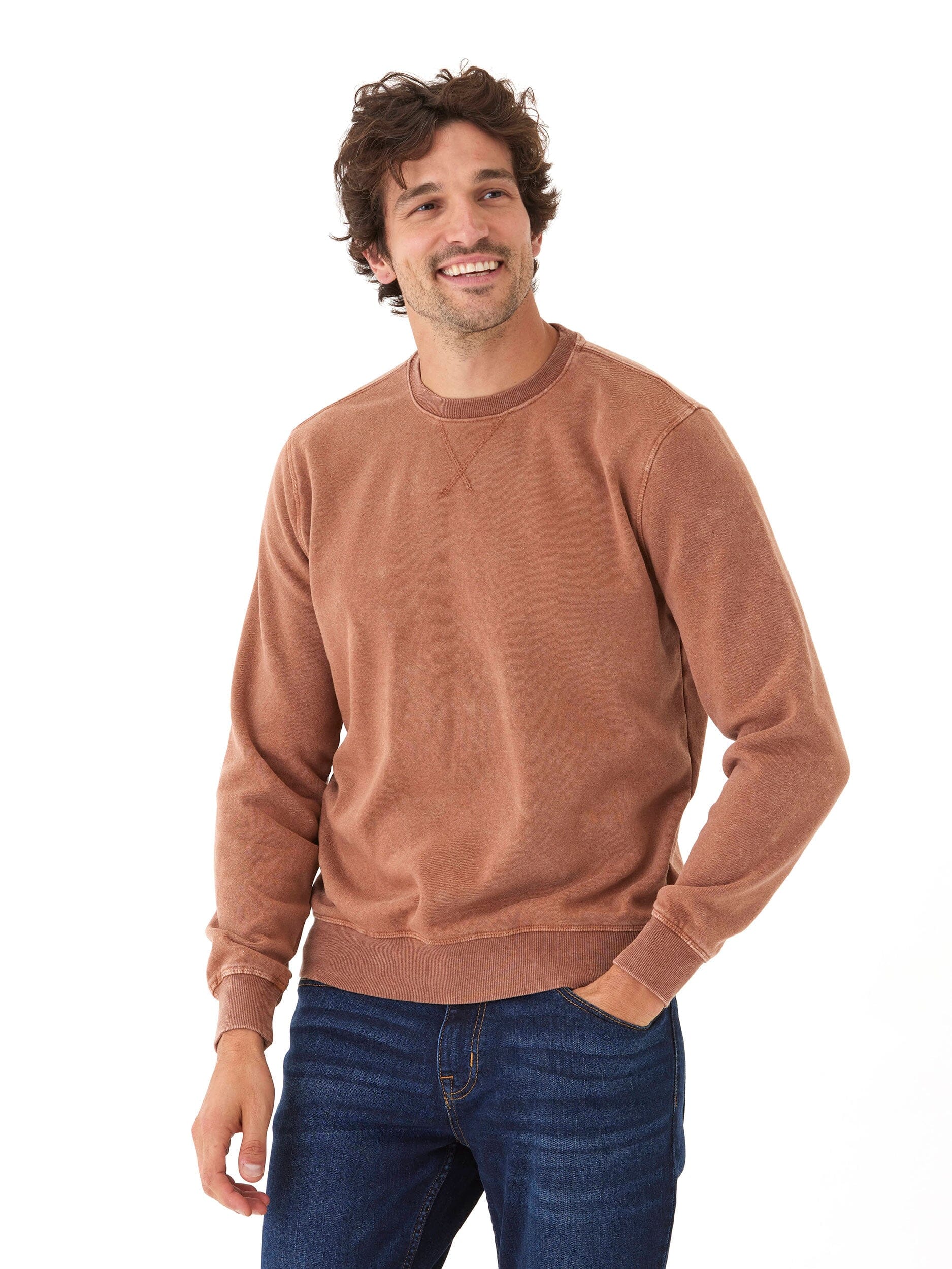 Mineral Wash Fleece Crew Neck Pullover in Brown and Copper