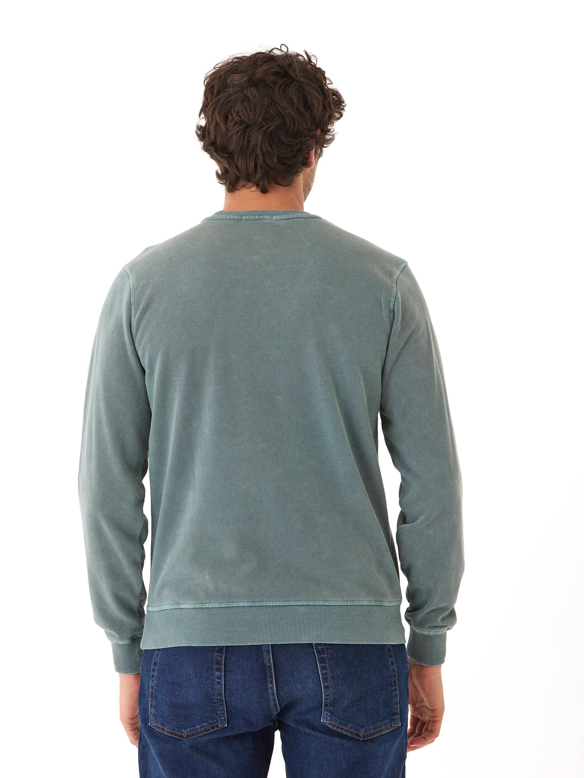 Mineral Wash Fleece Crew Pullover in Green and Grey
