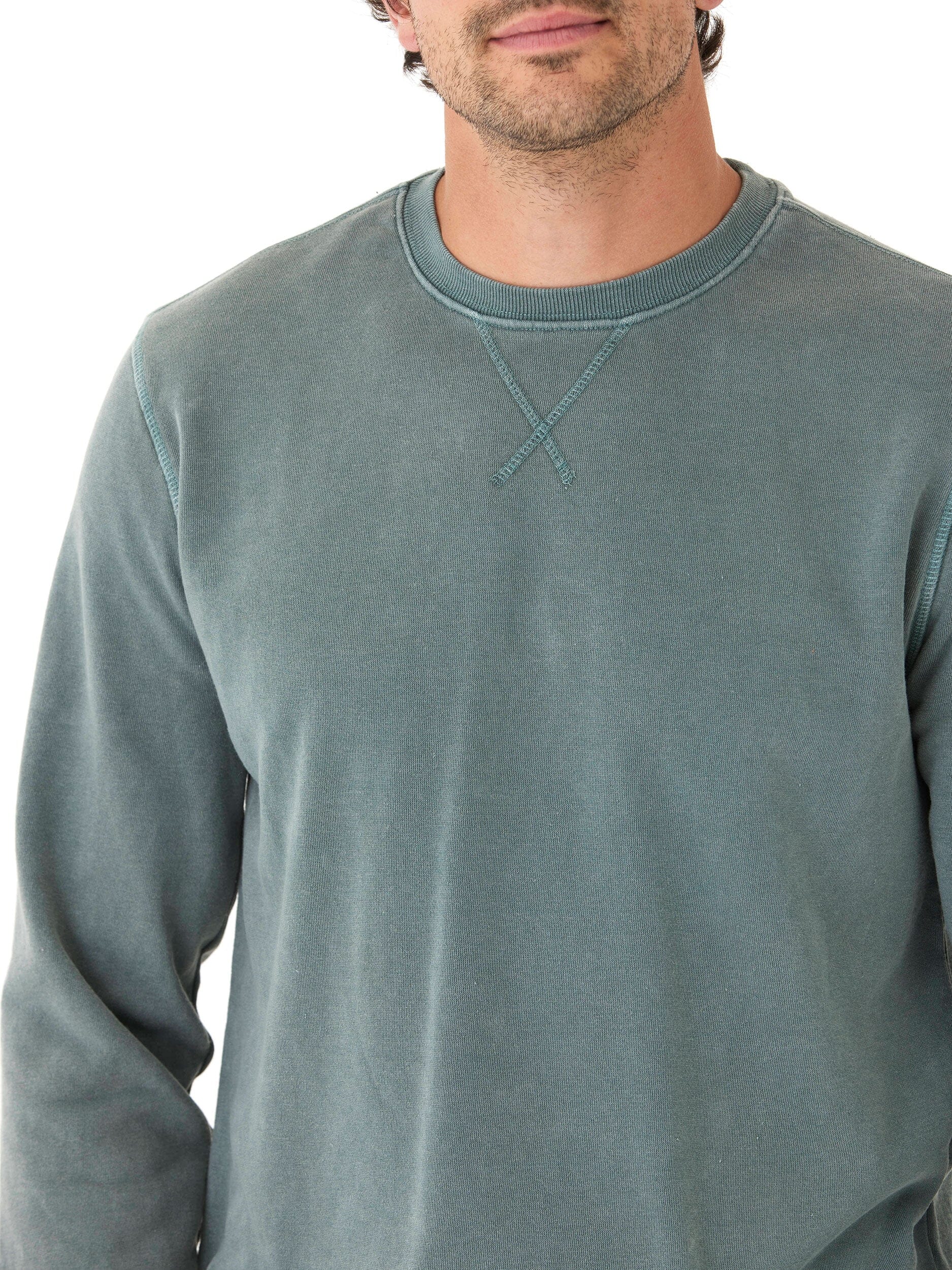 Mineral Wash Fleece Crew Pullover in Green and Grey