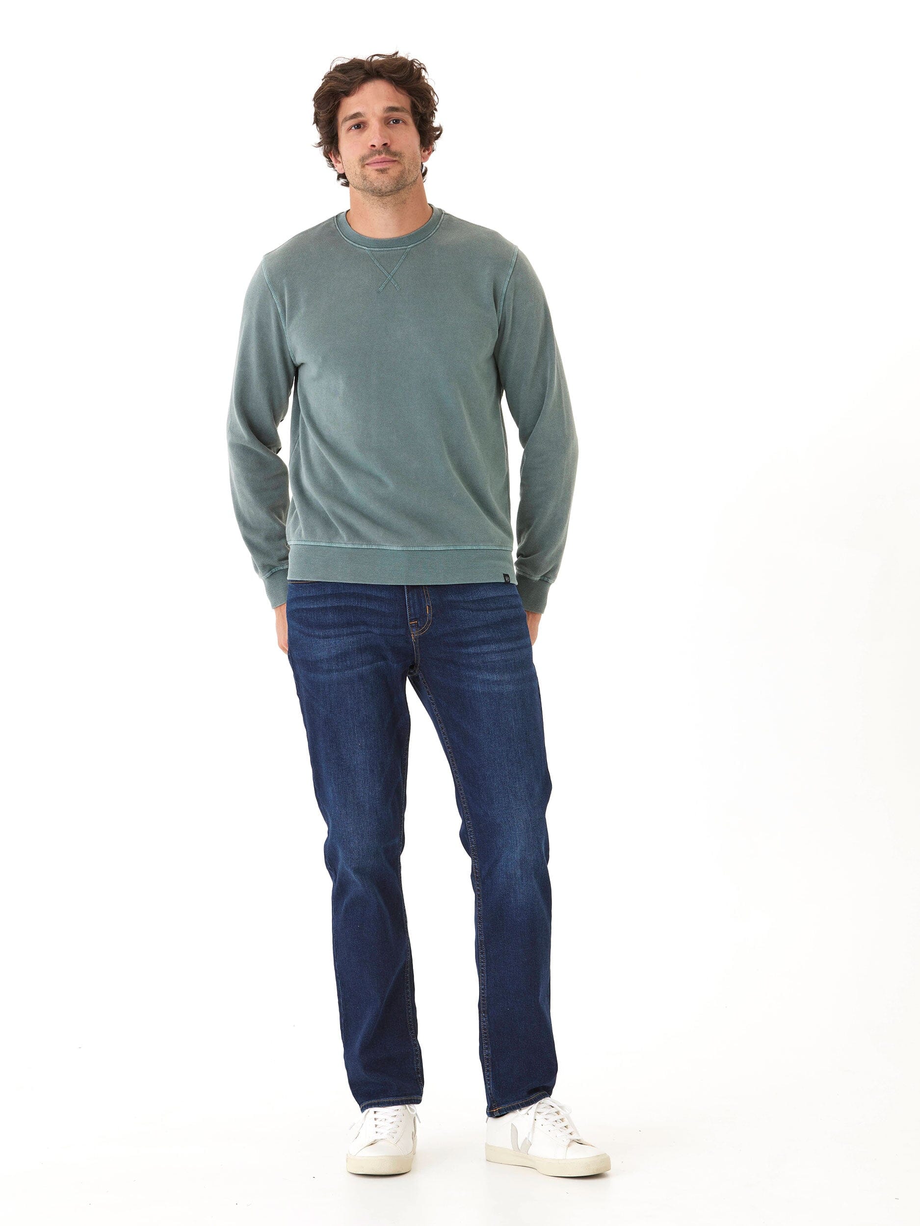Mineral Wash Fleece Crew Pullover in Green and Grey