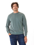 Men's mineral wash fleece crewneck pullover in green and grey, streetwear style