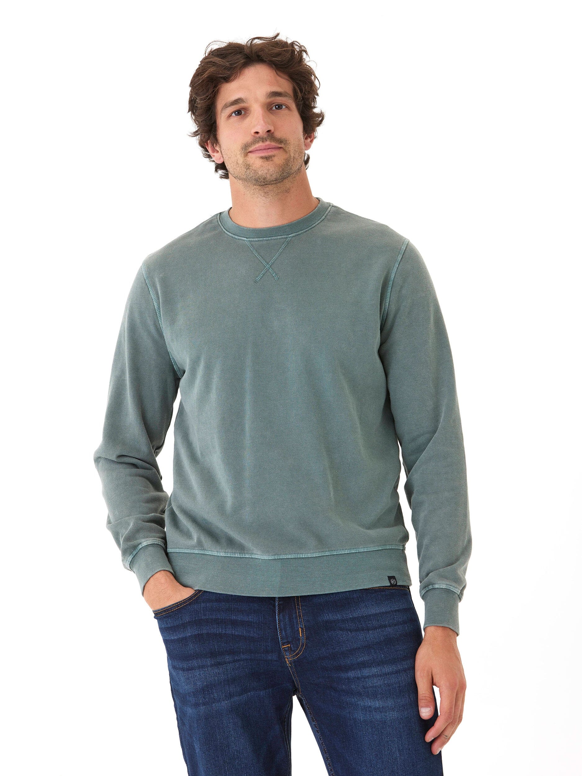 Men's mineral wash fleece crewneck pullover in green and grey, streetwear style