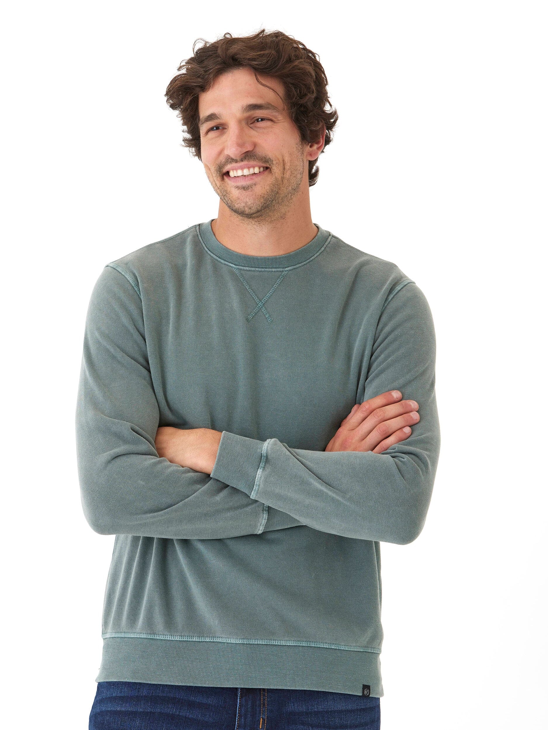 Mineral Wash Fleece Crew Pullover in Green and Grey