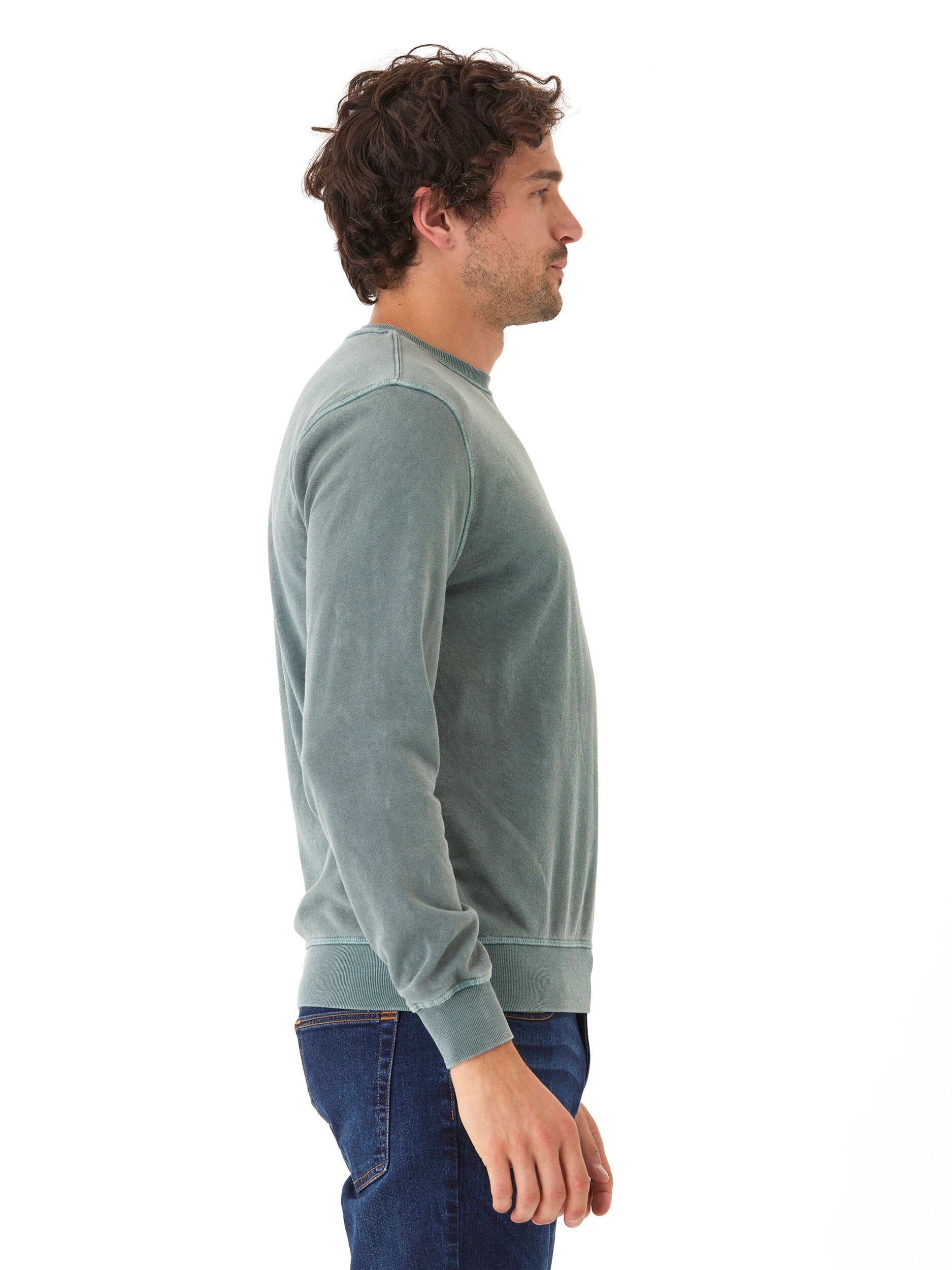 Mineral Wash Fleece Crew Pullover in Green and Grey