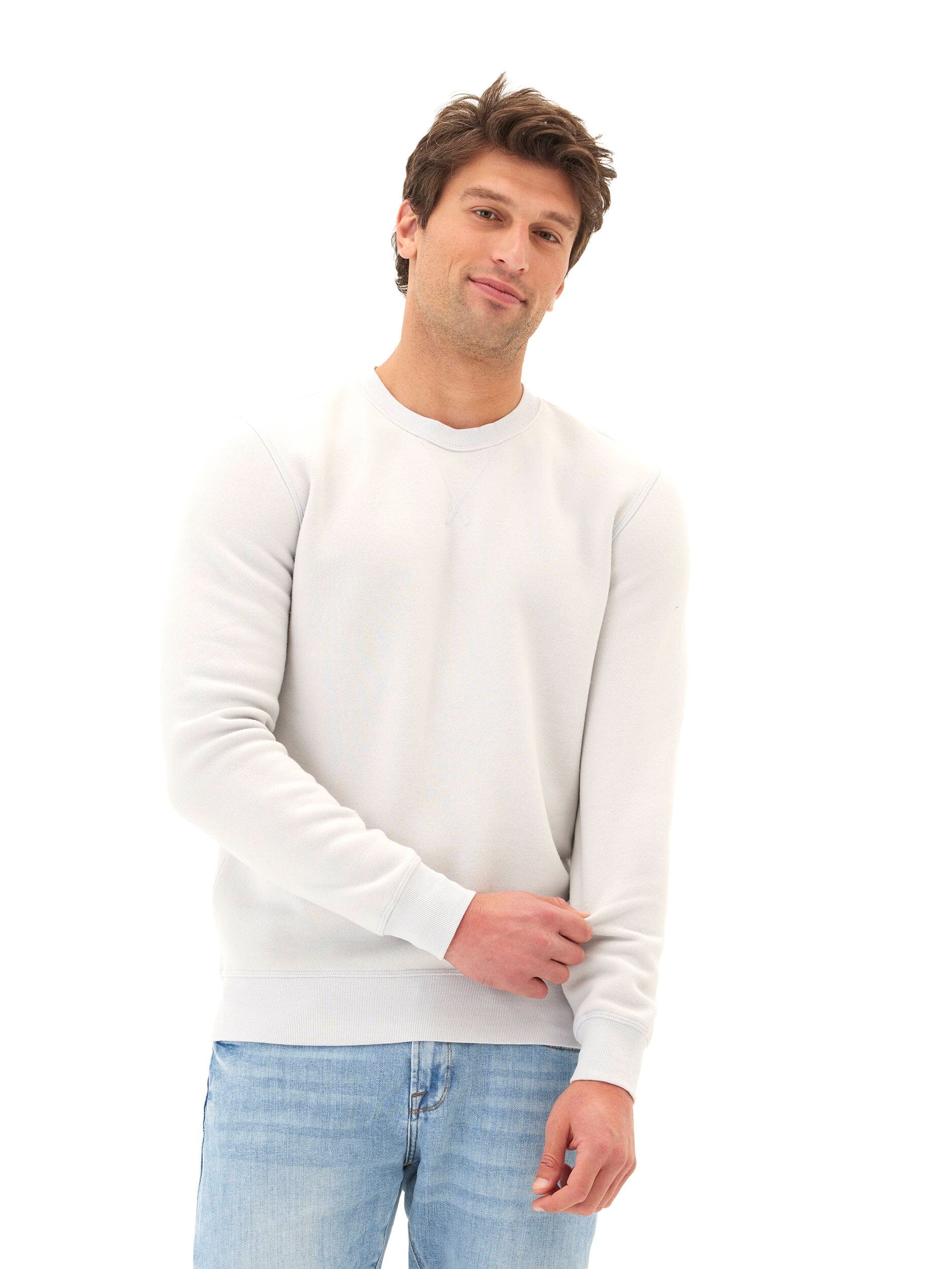 Men's Mineral Wash Fleece Crew Pullover in Light Grey & Off-White