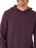 Dark purple men's minimalist feather fleece hoodie with a relaxed hood