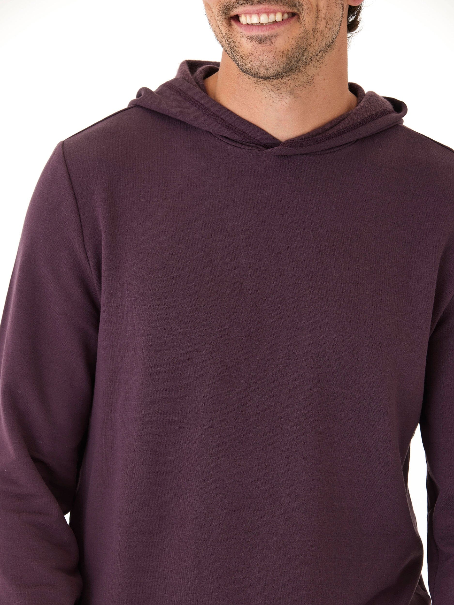 Dark purple men's minimalist feather fleece hoodie with a relaxed hood