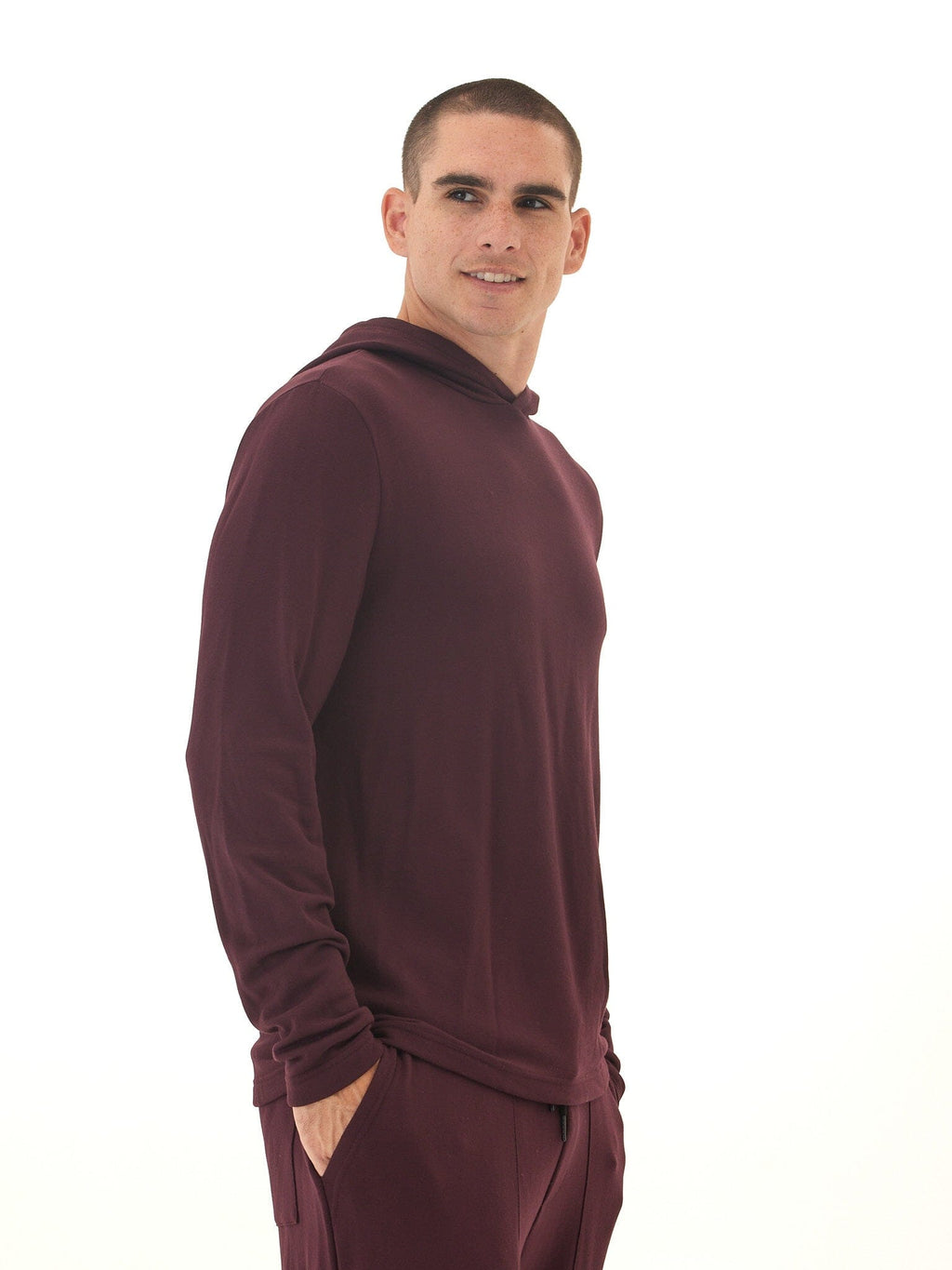 Close up of Men's Core Feather Fleece Hoodie in a relaxed fit