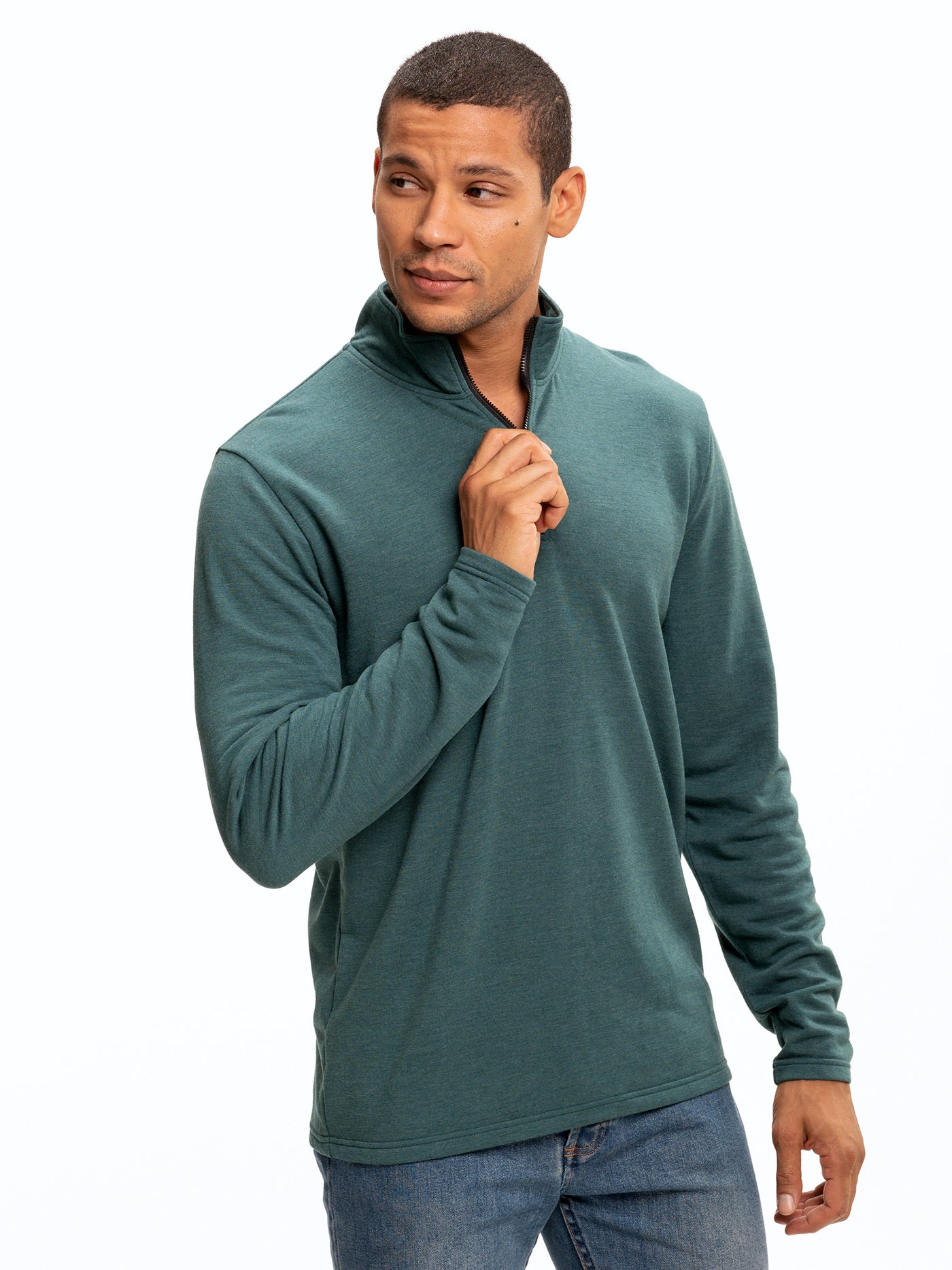 Men's solid knit quarter zip pullover available in teal and black colorways.