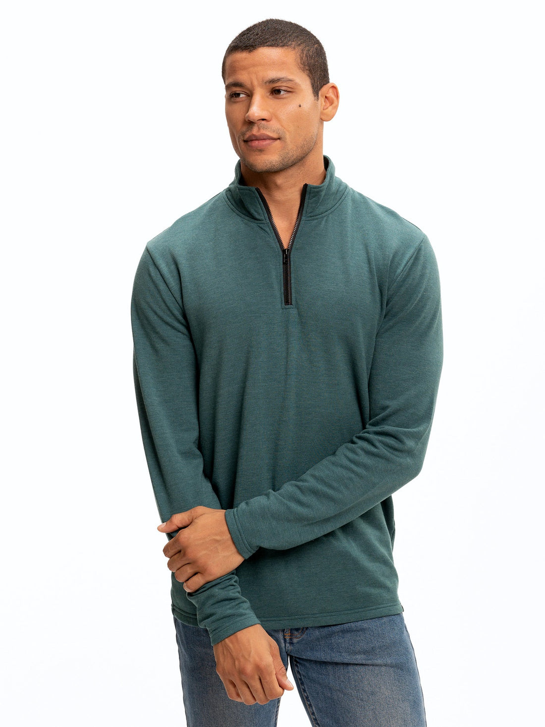 Men's Feather Fleece Quarter Zip Pullover in Teal and Black
