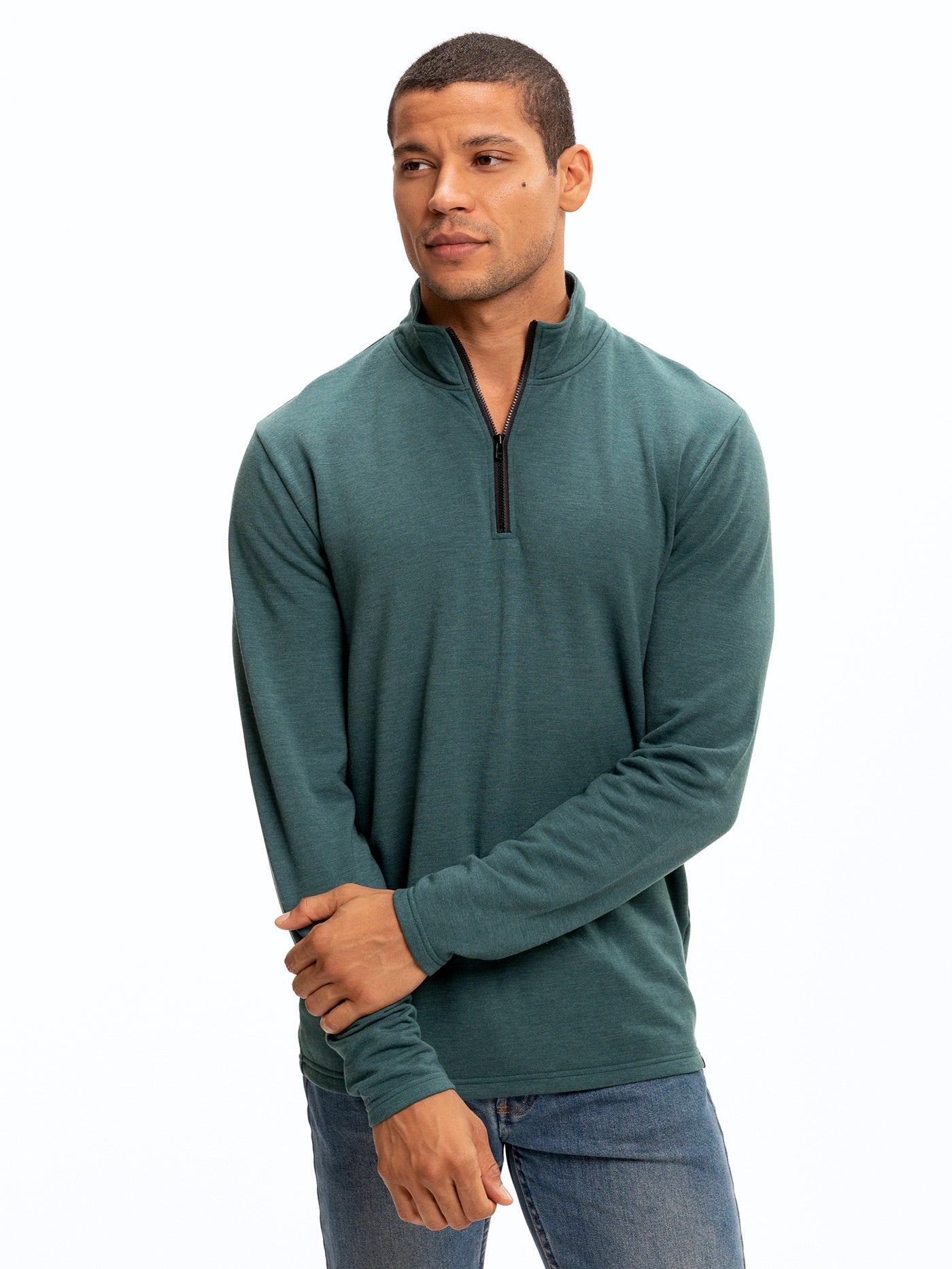 Men's Feather Fleece Quarter Zip Pullover in Teal and Black
