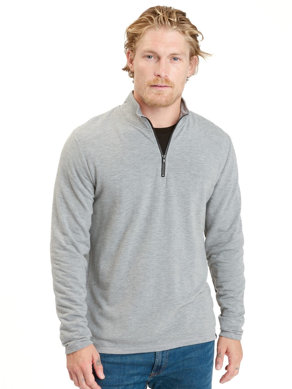 Men's heather grey long-sleeve knit quarter zip sweatshirt with mock neck collar