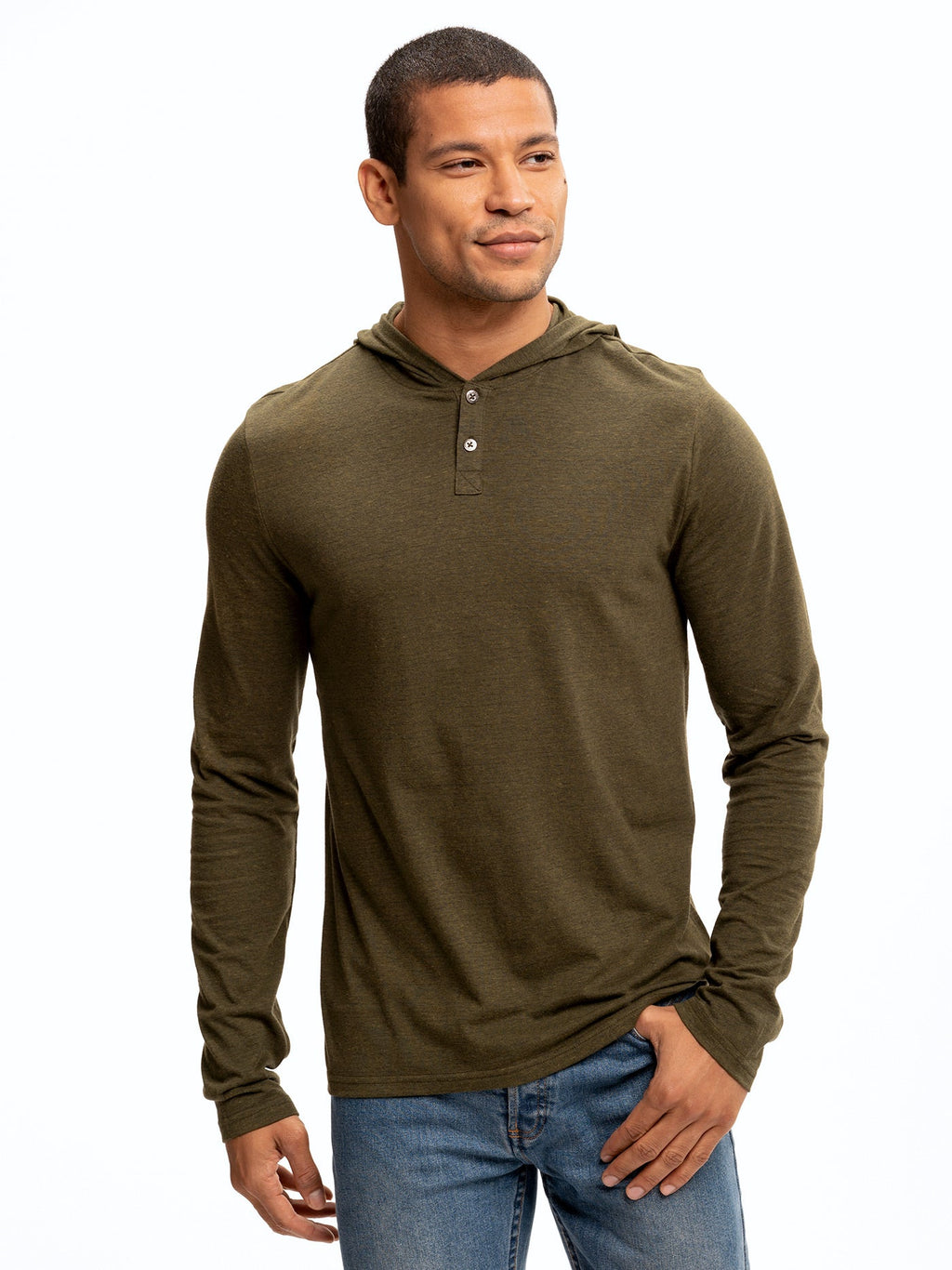 Baseline Long Sleeve Triblend Henley Hoodie featuring a 2-button placket and textured knit fabric.