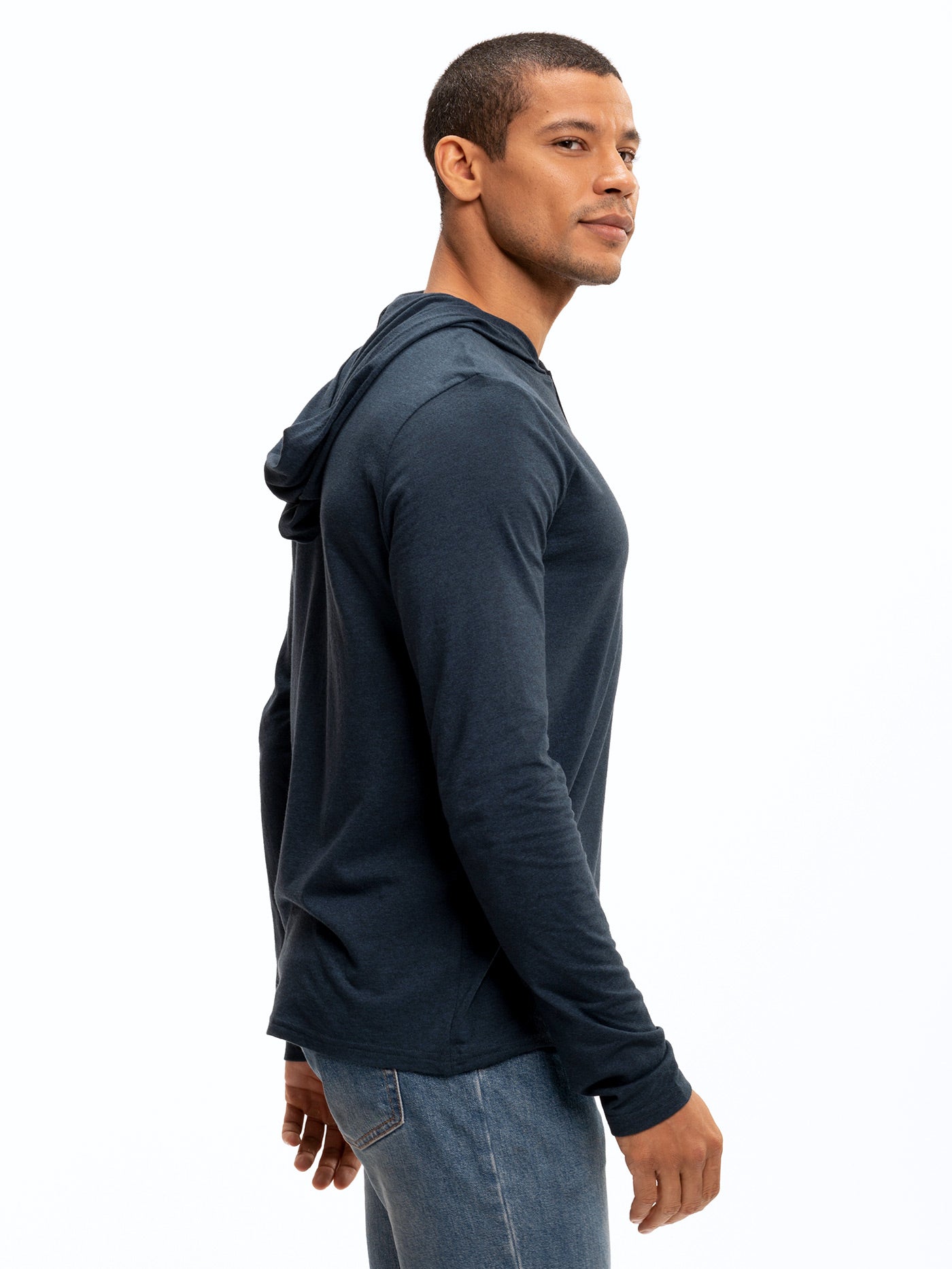 Baseline Long Sleeve Triblend Henley Hoodie in Heathered Navy