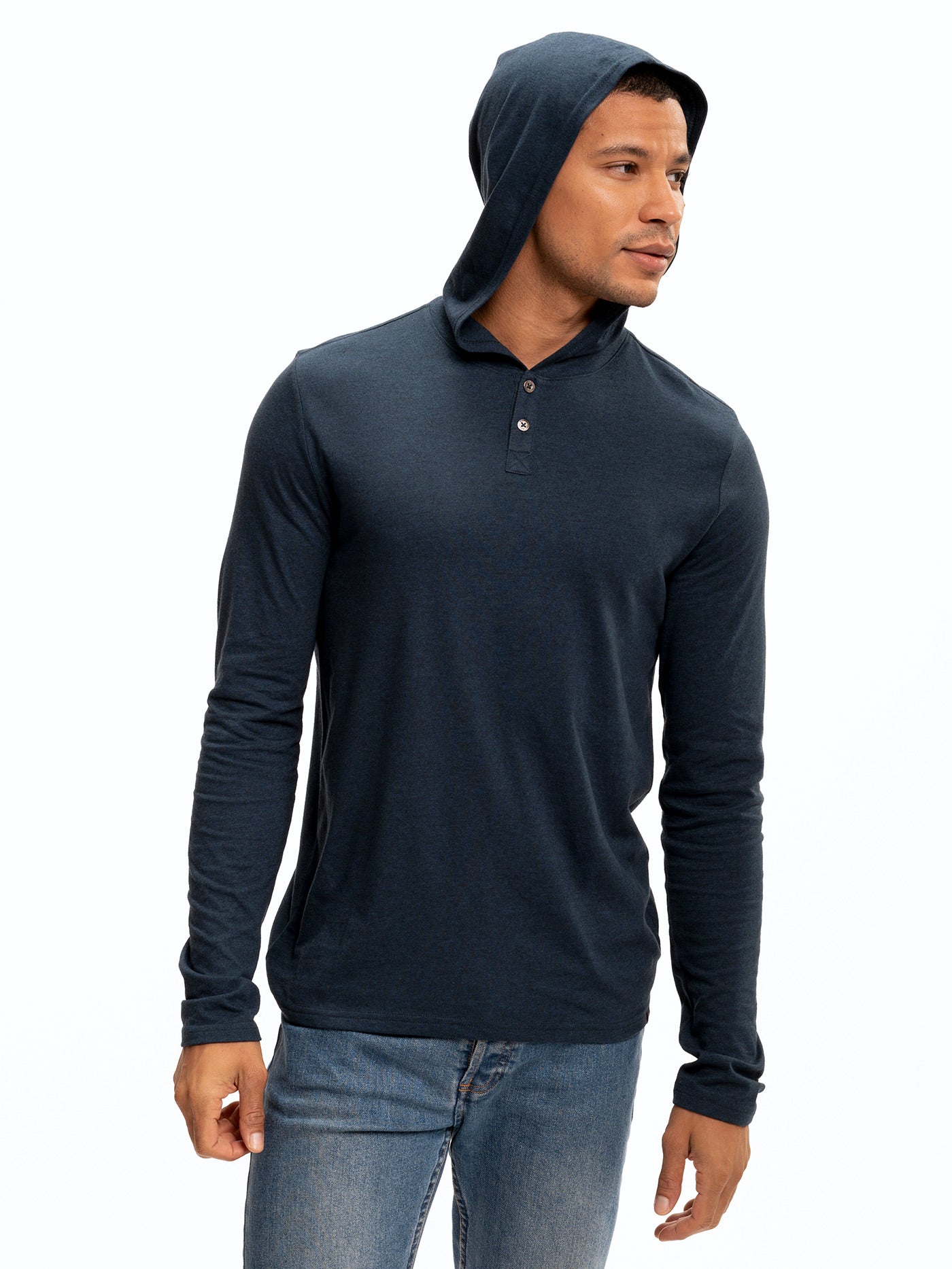 Baseline Long Sleeve Triblend Henley Hoodie in Heathered Navy
