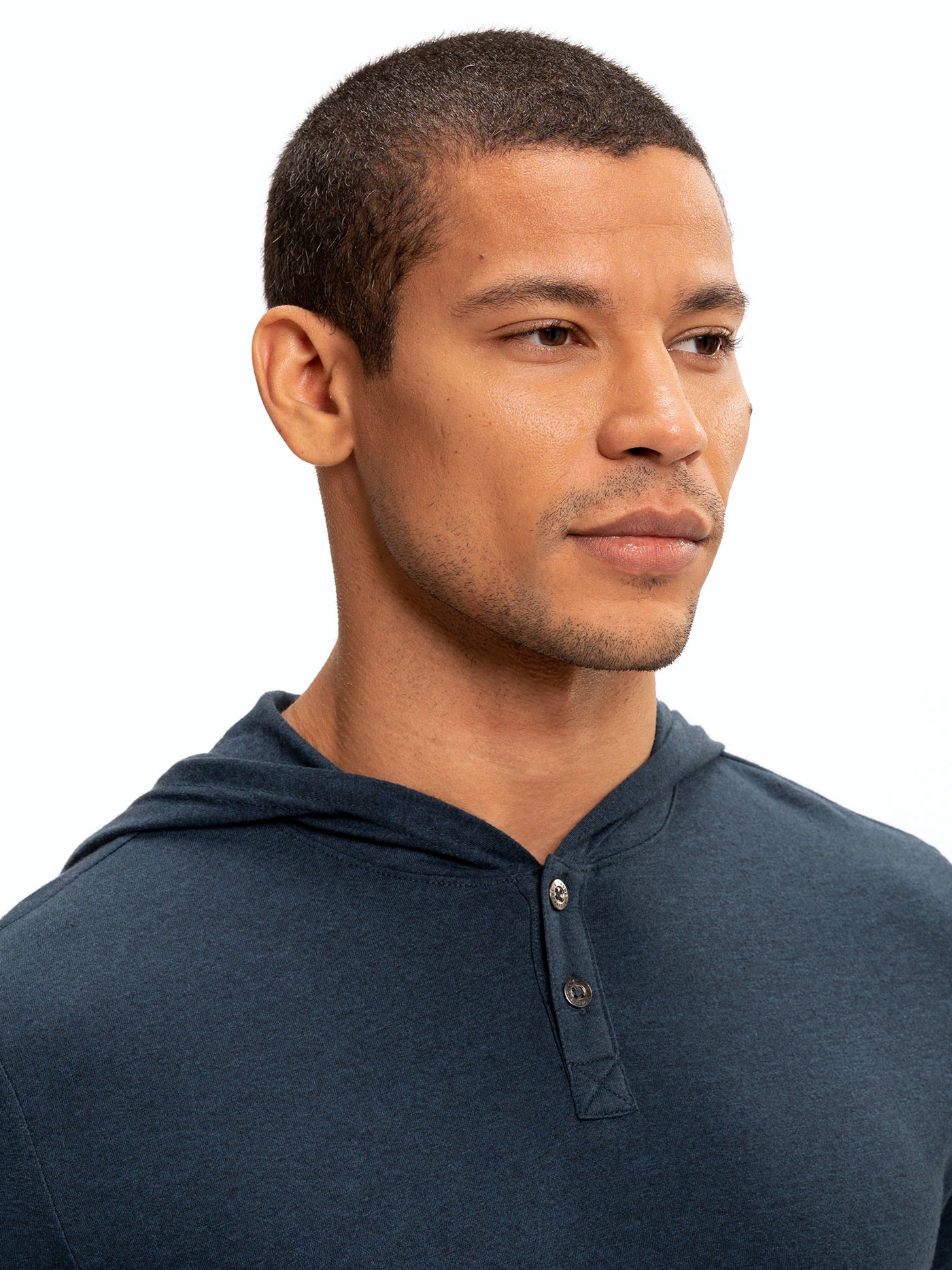 Baseline Long Sleeve Triblend Henley Hoodie in Heathered Navy