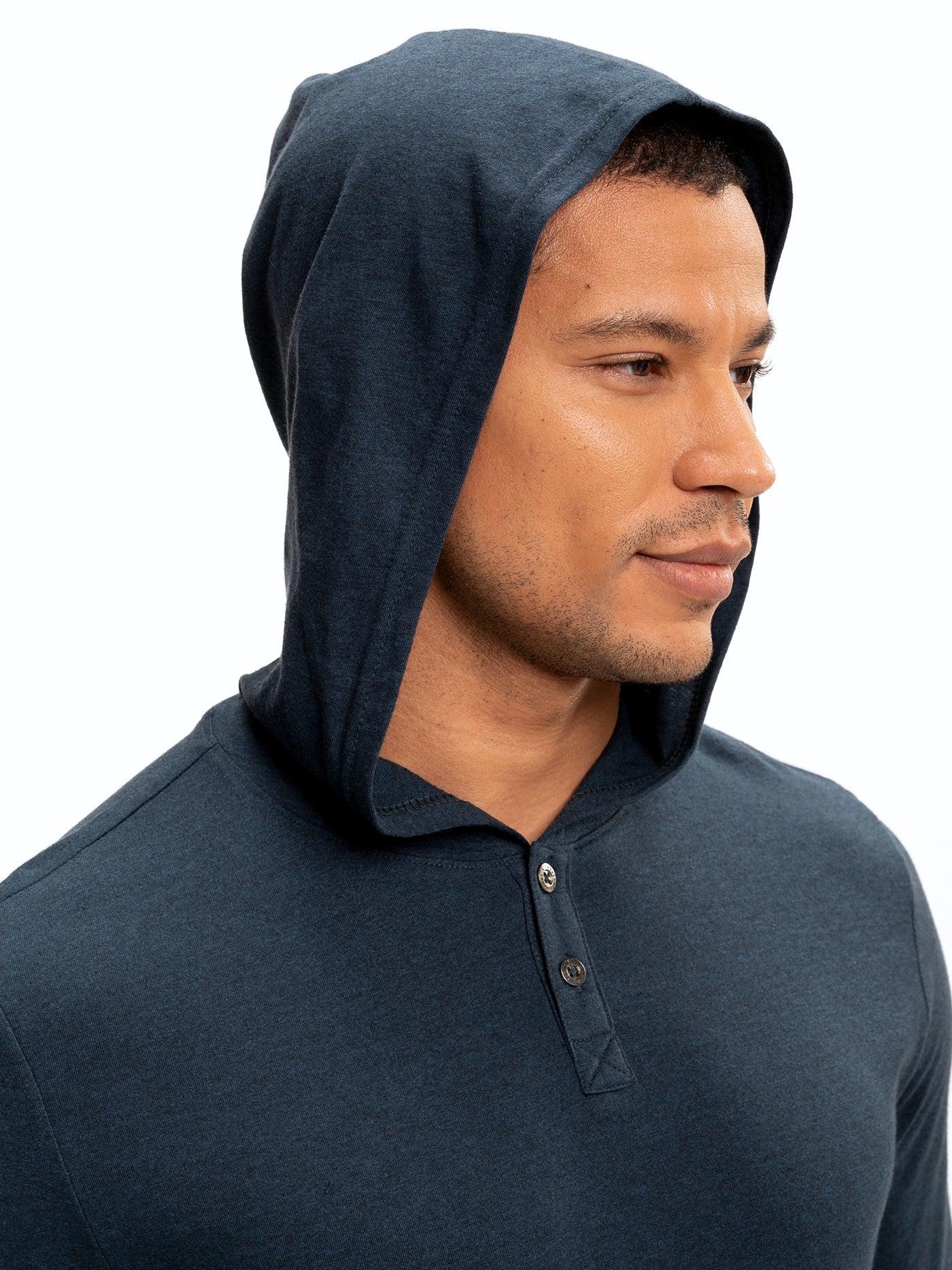 Baseline Long Sleeve Triblend Henley Hoodie in Heathered Navy