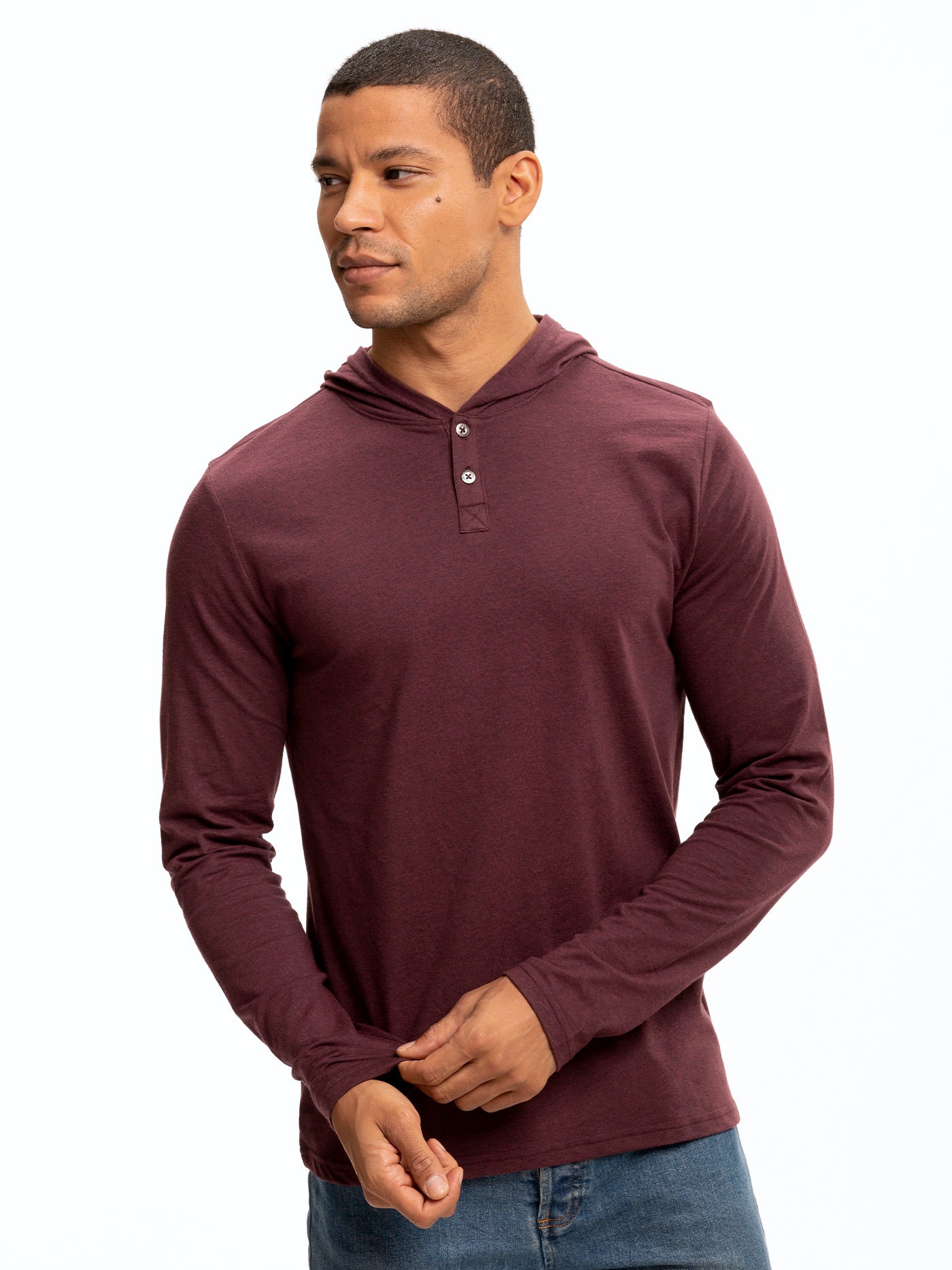 Baseline Long Sleeve Triblend Henley Hoodie in a textured knit fabric with contrast neck trim.