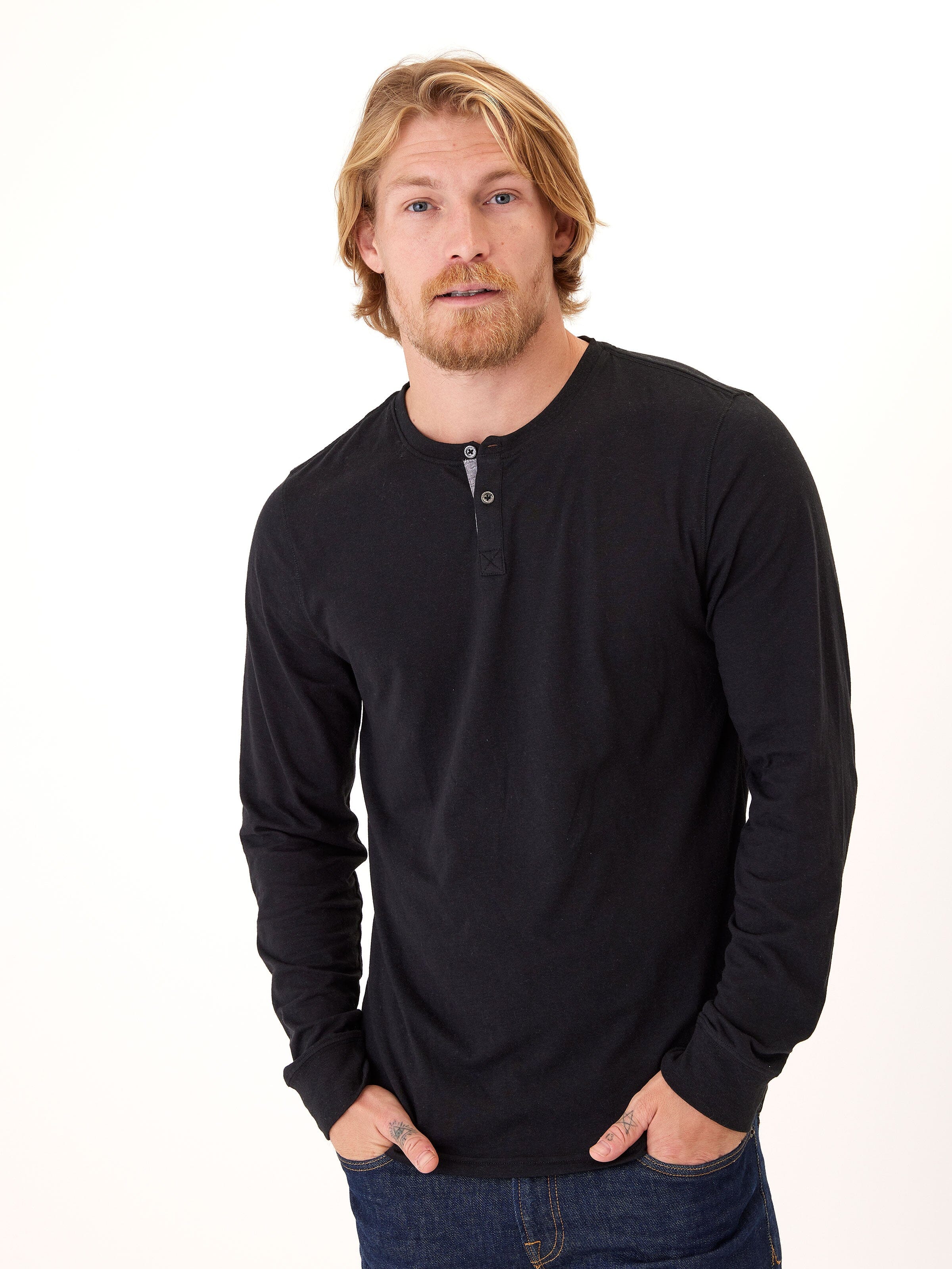 Baseline Men's Long Sleeve Triblend Henley in Black and Grey