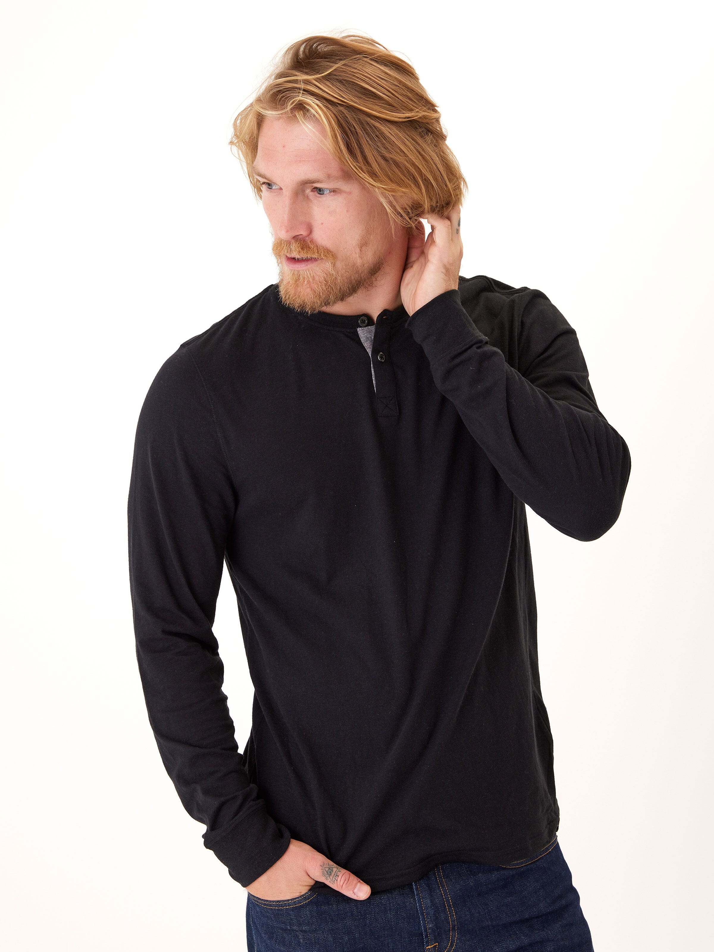 Baseline Men's Long Sleeve Triblend Henley in Black and Grey