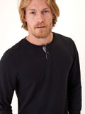 Men's long sleeve triblend henley with 2-button placket and contrast trim in black and grey