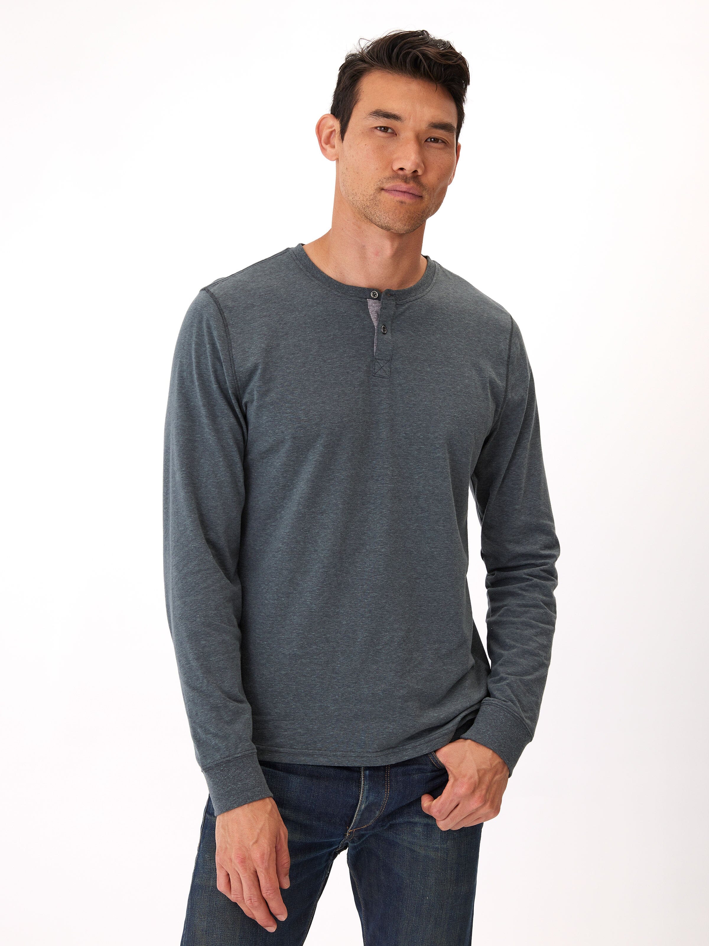 Baseline Men's Long Sleeve Triblend Henley in Dark-Grey