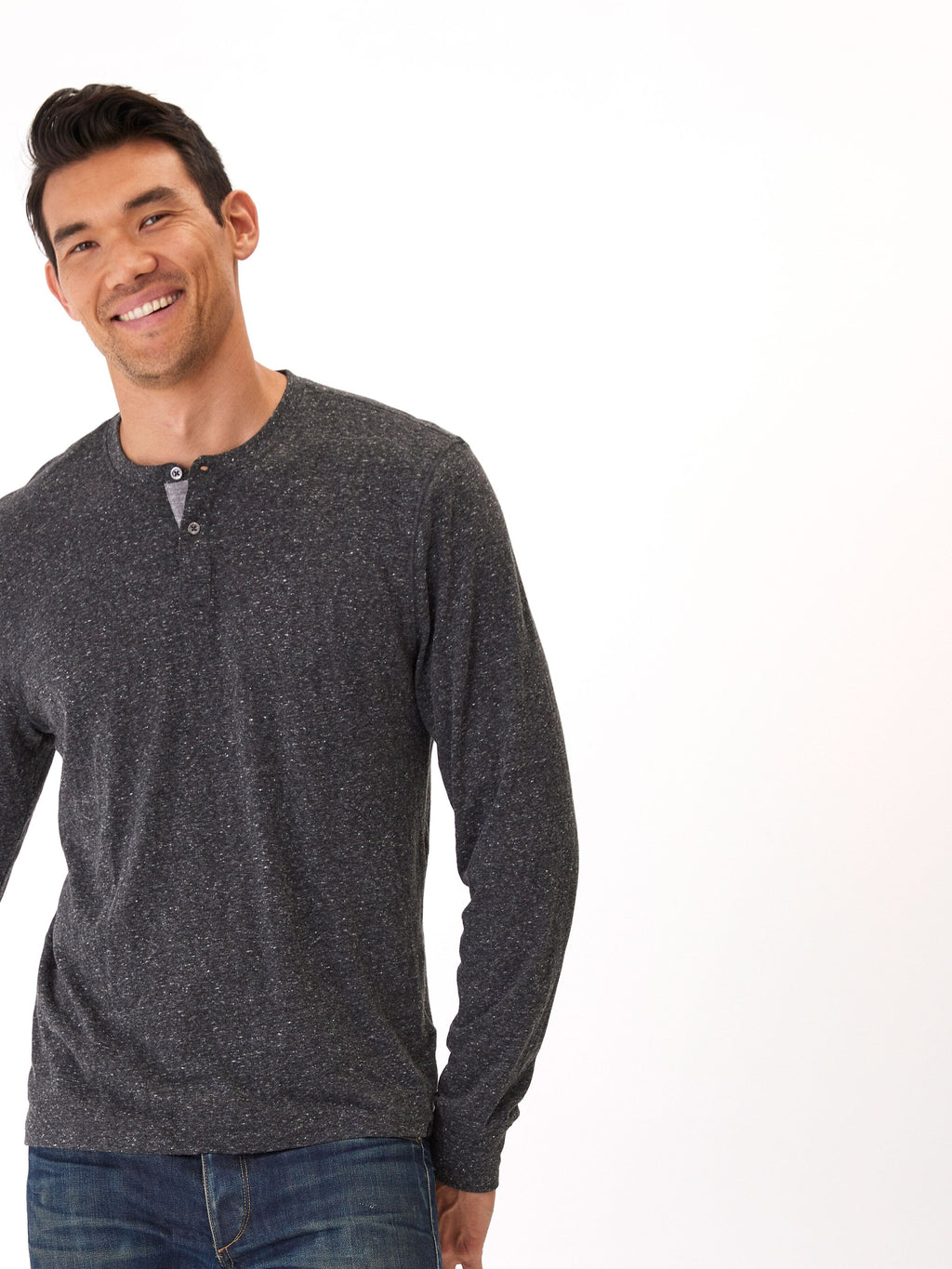 Men's Baseline long sleeve triblend henley in charcoal and grey textured knit