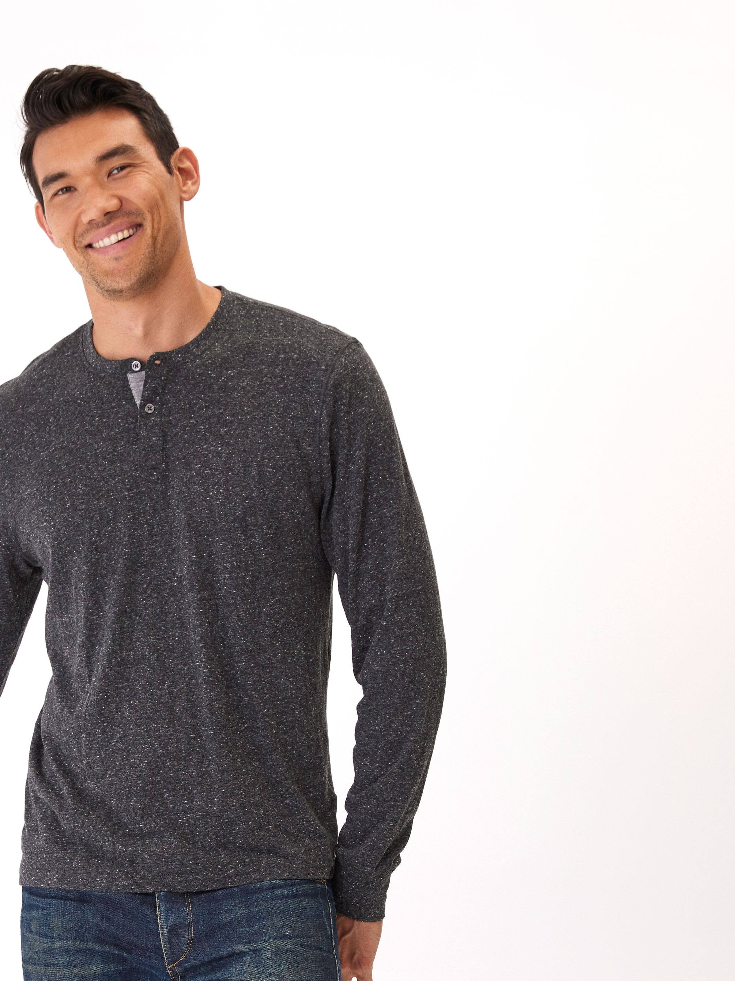 Men's Baseline long sleeve triblend henley in charcoal and grey textured knit
