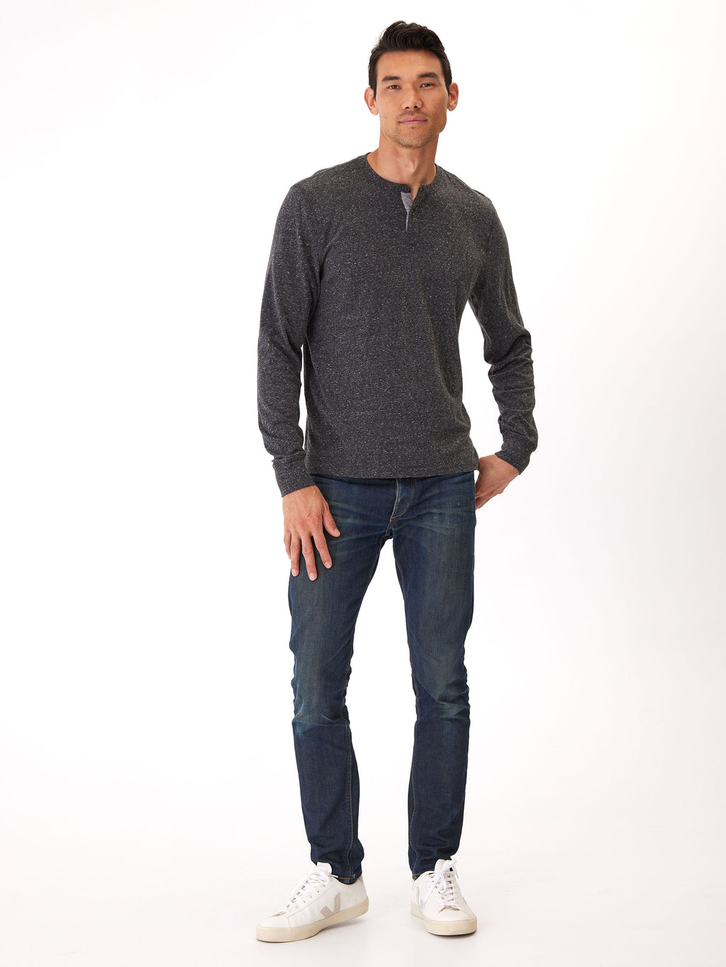 Baseline Long Sleeve Triblend Henley in Charcoal and Grey